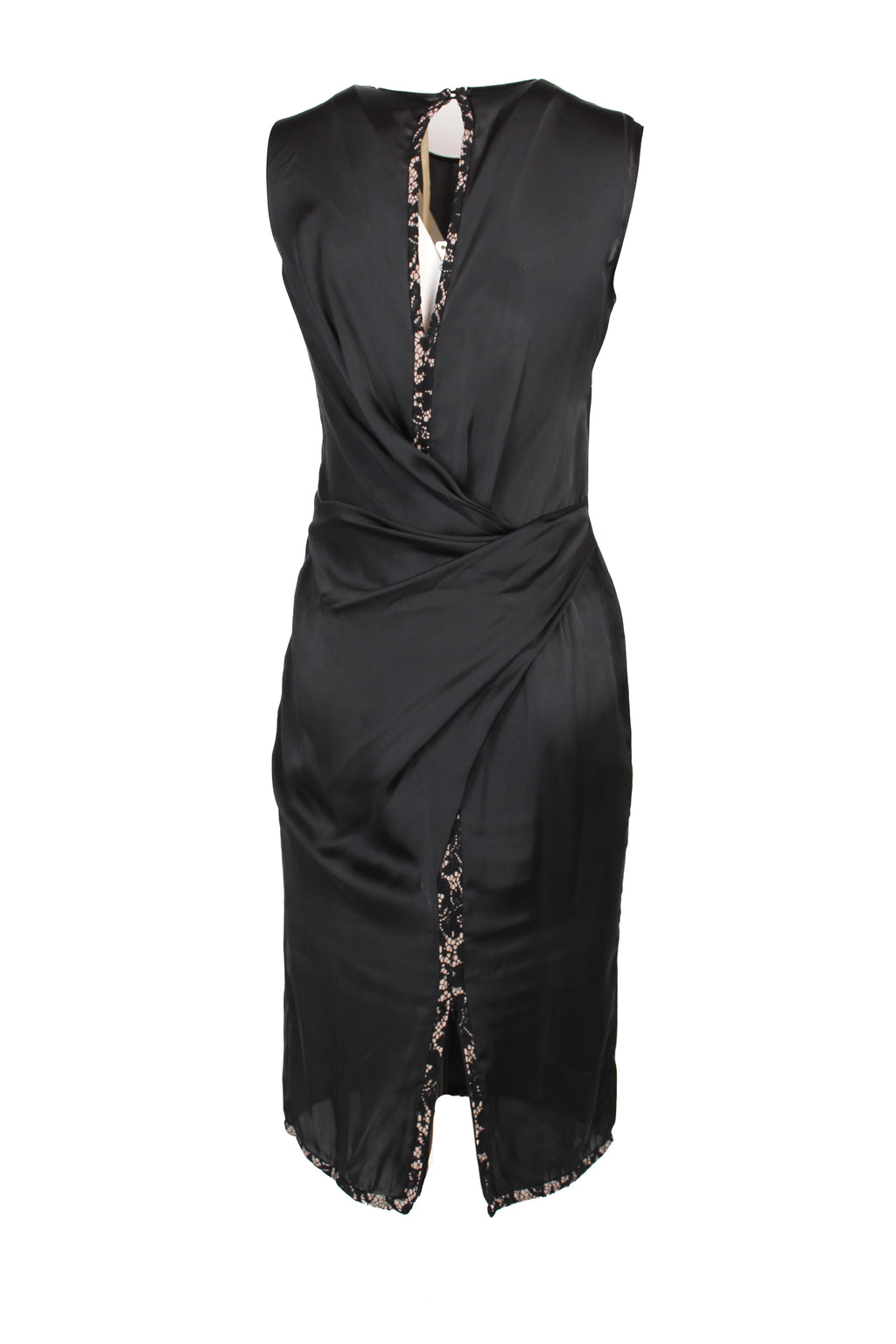 Black Silk Sleeveless Dress with Pink Lace Hem and Draped Back