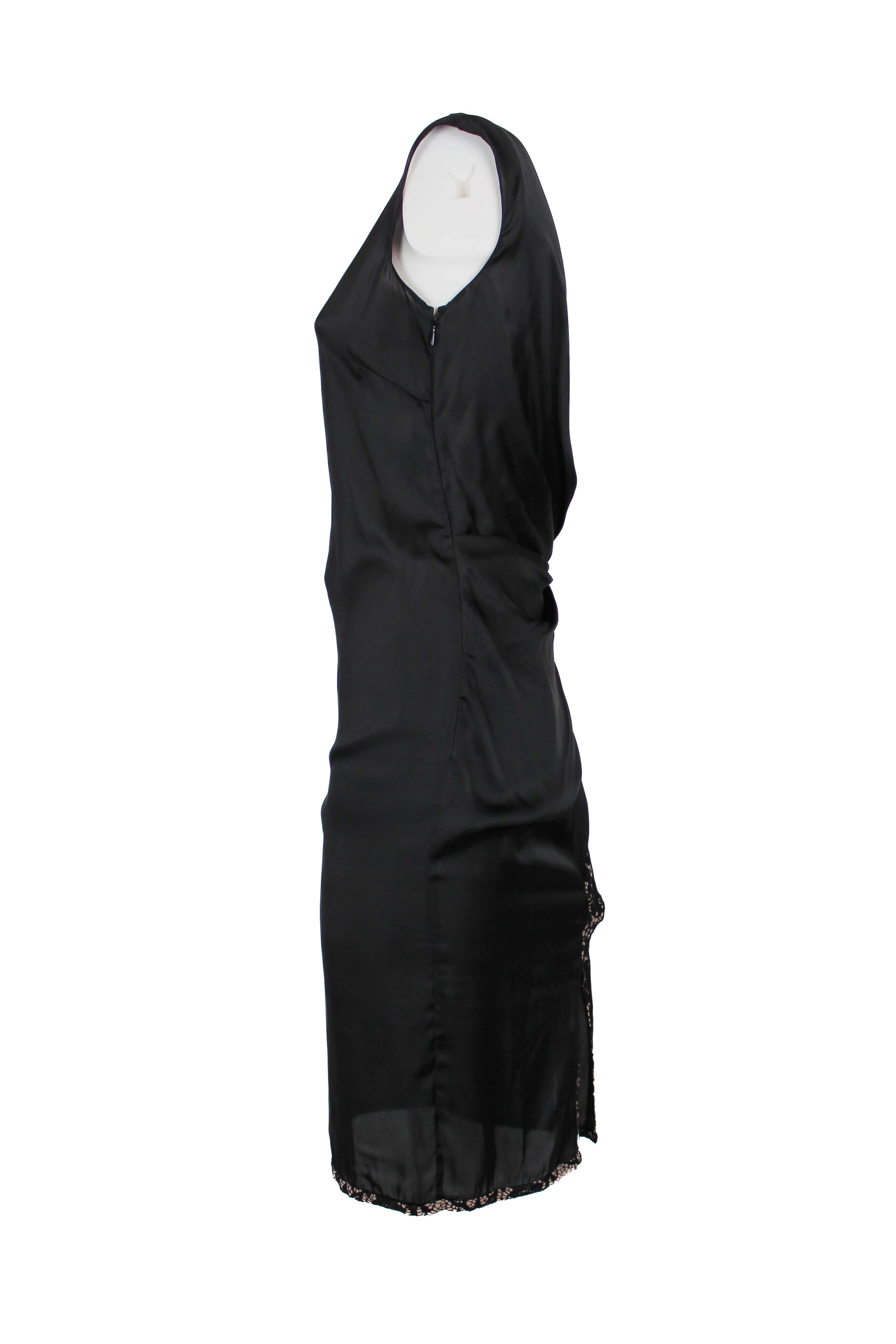 Black Silk Sleeveless Dress with Pink Lace Hem and Draped Back
