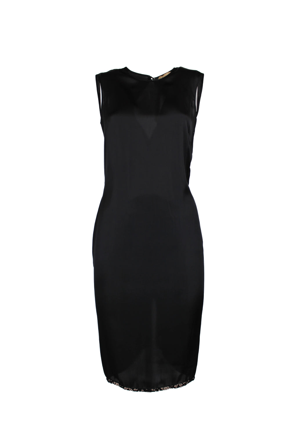 Black Silk Sleeveless Dress with Pink Lace Hem and Draped Back