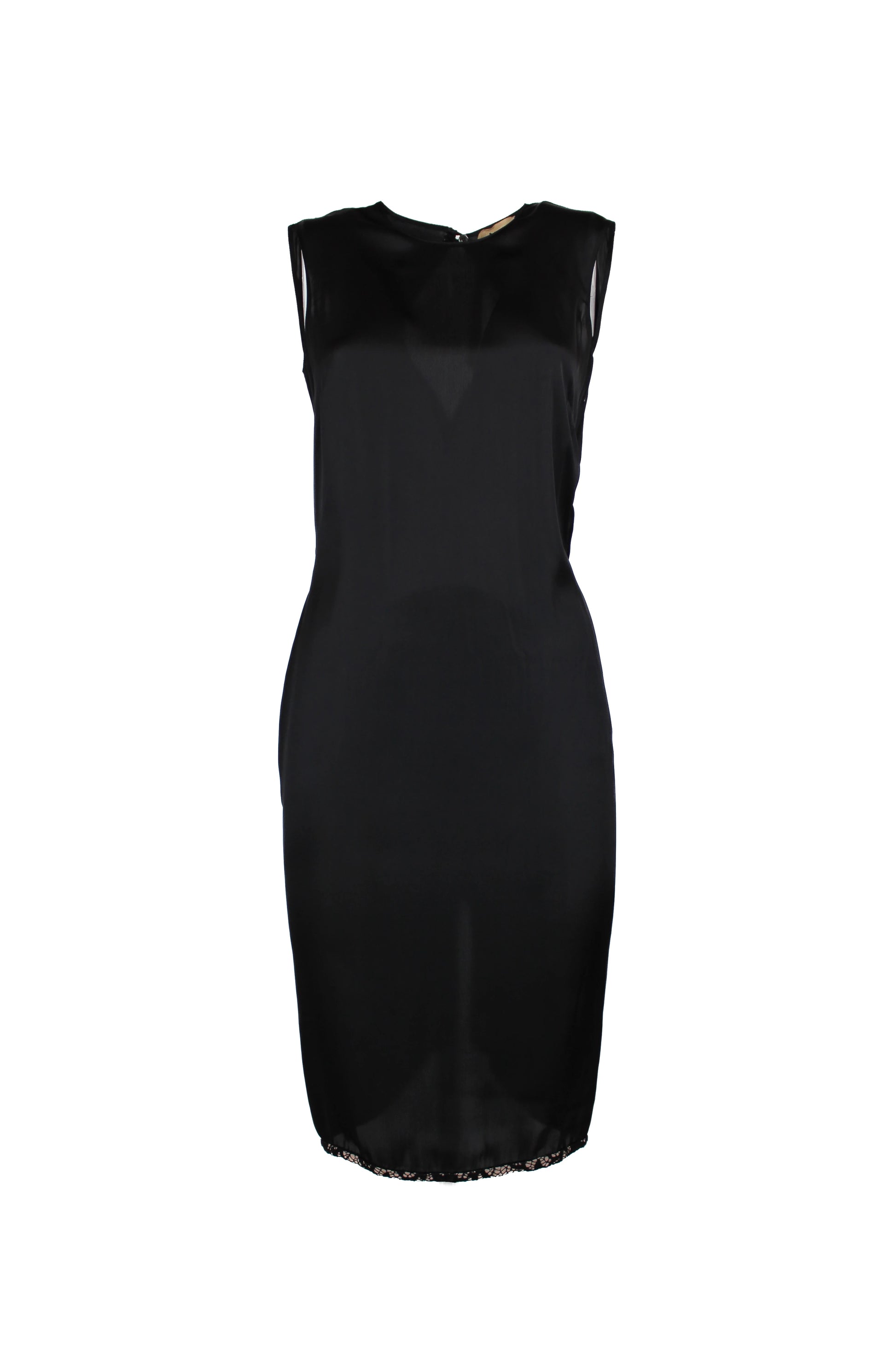 Black Silk Sleeveless Dress with Pink Lace Hem and Draped Back