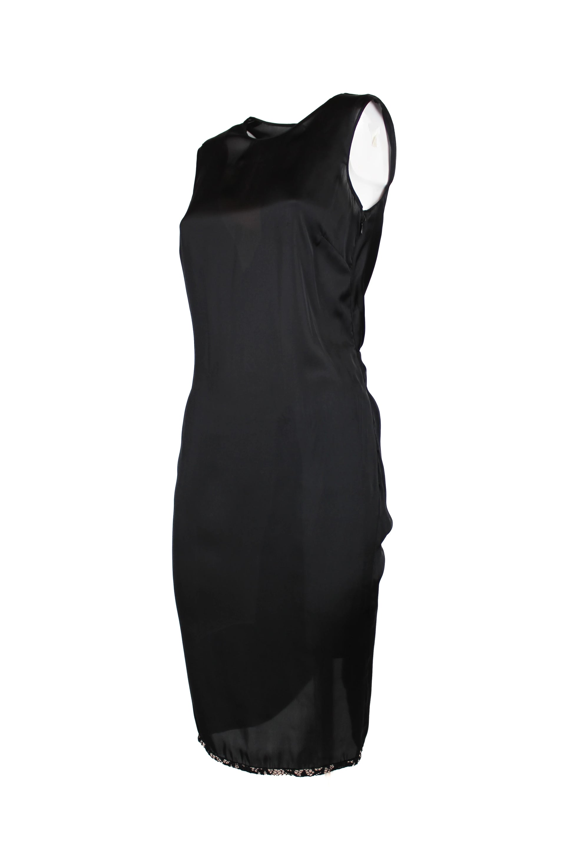 Black Silk Sleeveless Dress with Pink Lace Hem and Draped Back