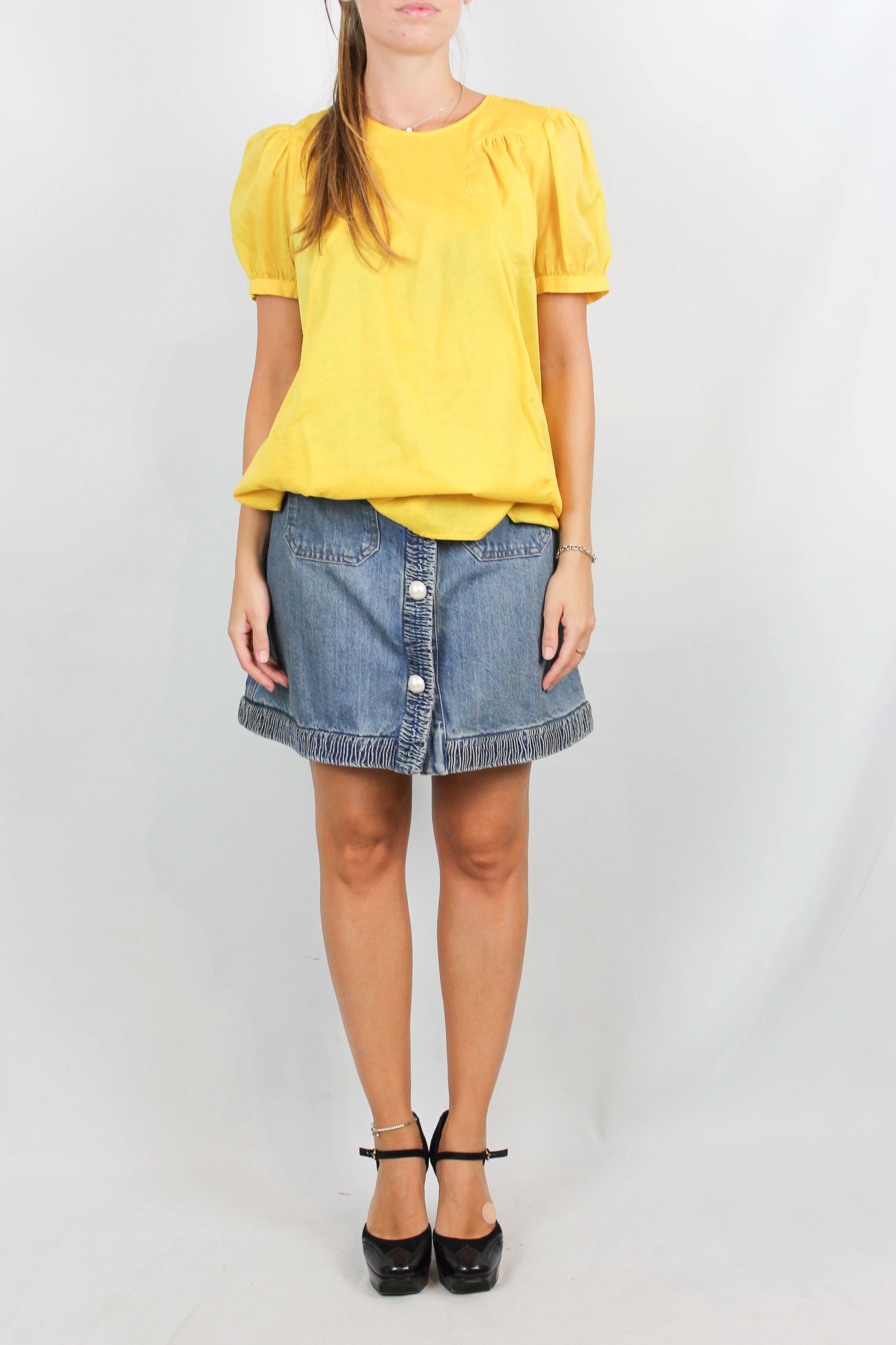 Yellow Cotton Short-Sleeve Shirt with Puff Sleeves