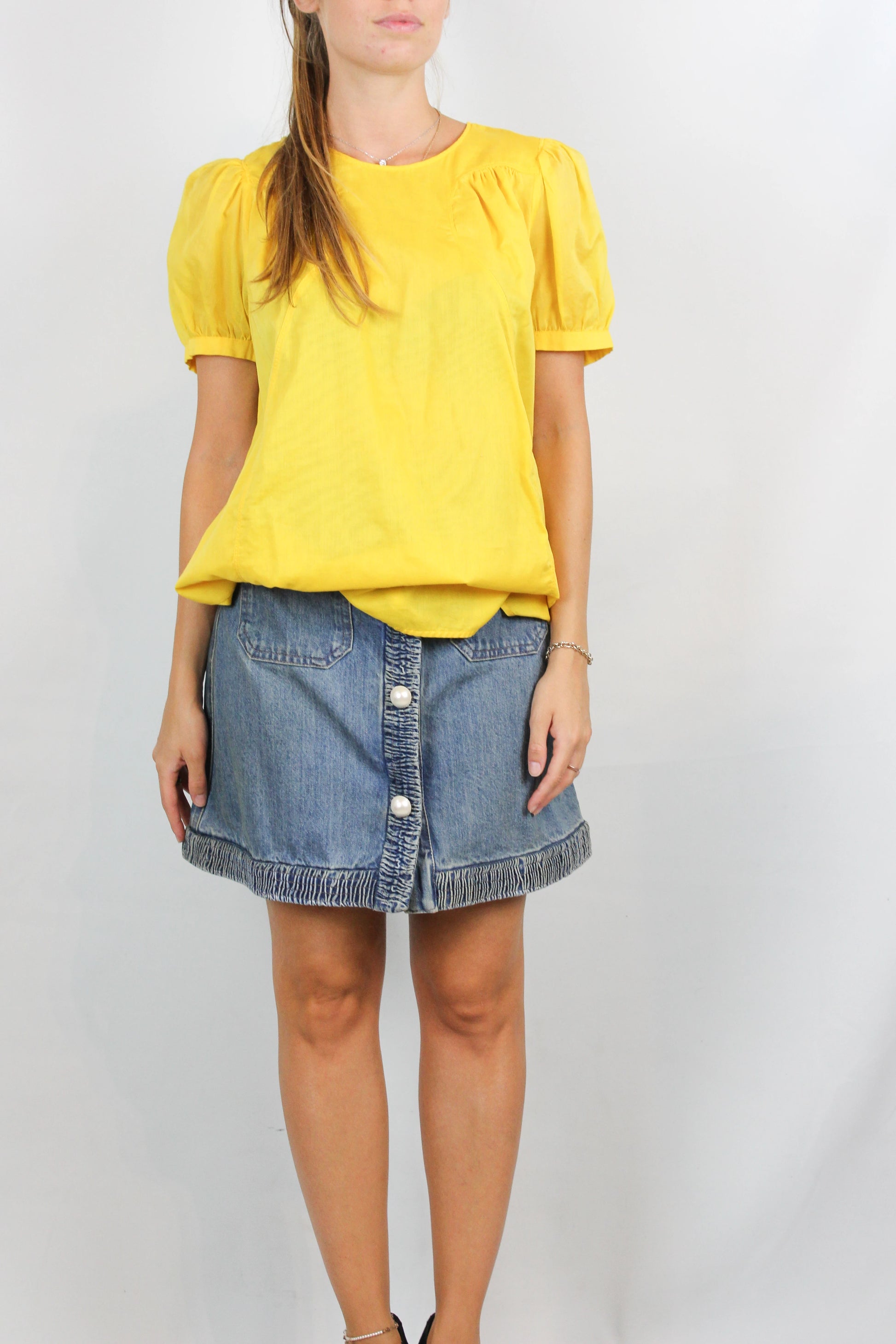 Yellow Cotton Short-Sleeve Shirt with Puff Sleeves