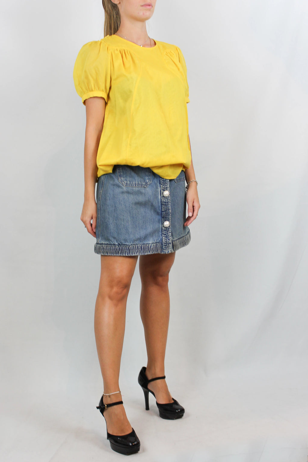 Yellow Cotton Short-Sleeve Shirt with Puff Sleeves
