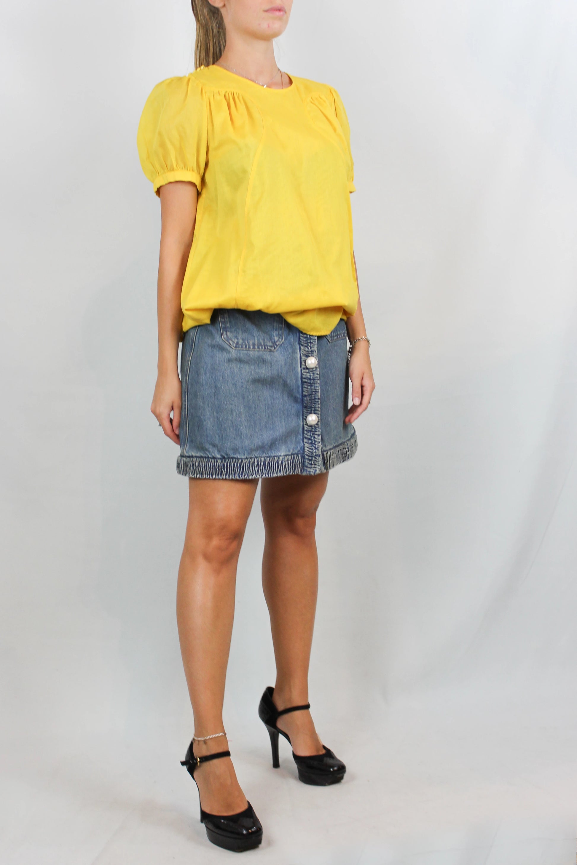 Yellow Cotton Short-Sleeve Shirt with Puff Sleeves