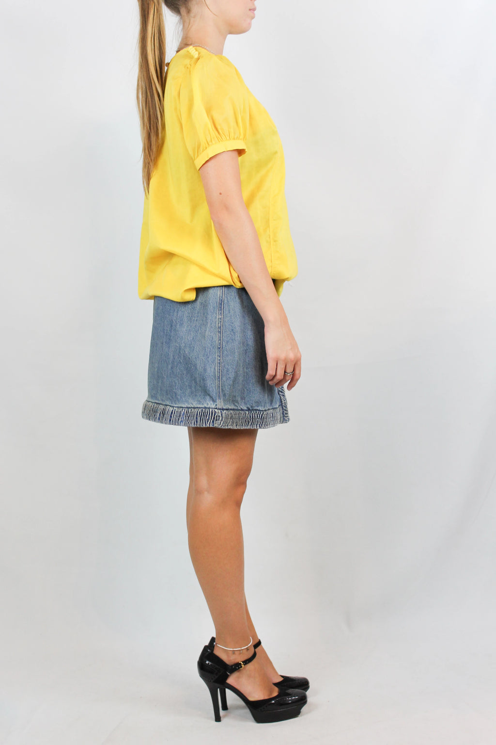 Yellow Cotton Short-Sleeve Shirt with Puff Sleeves