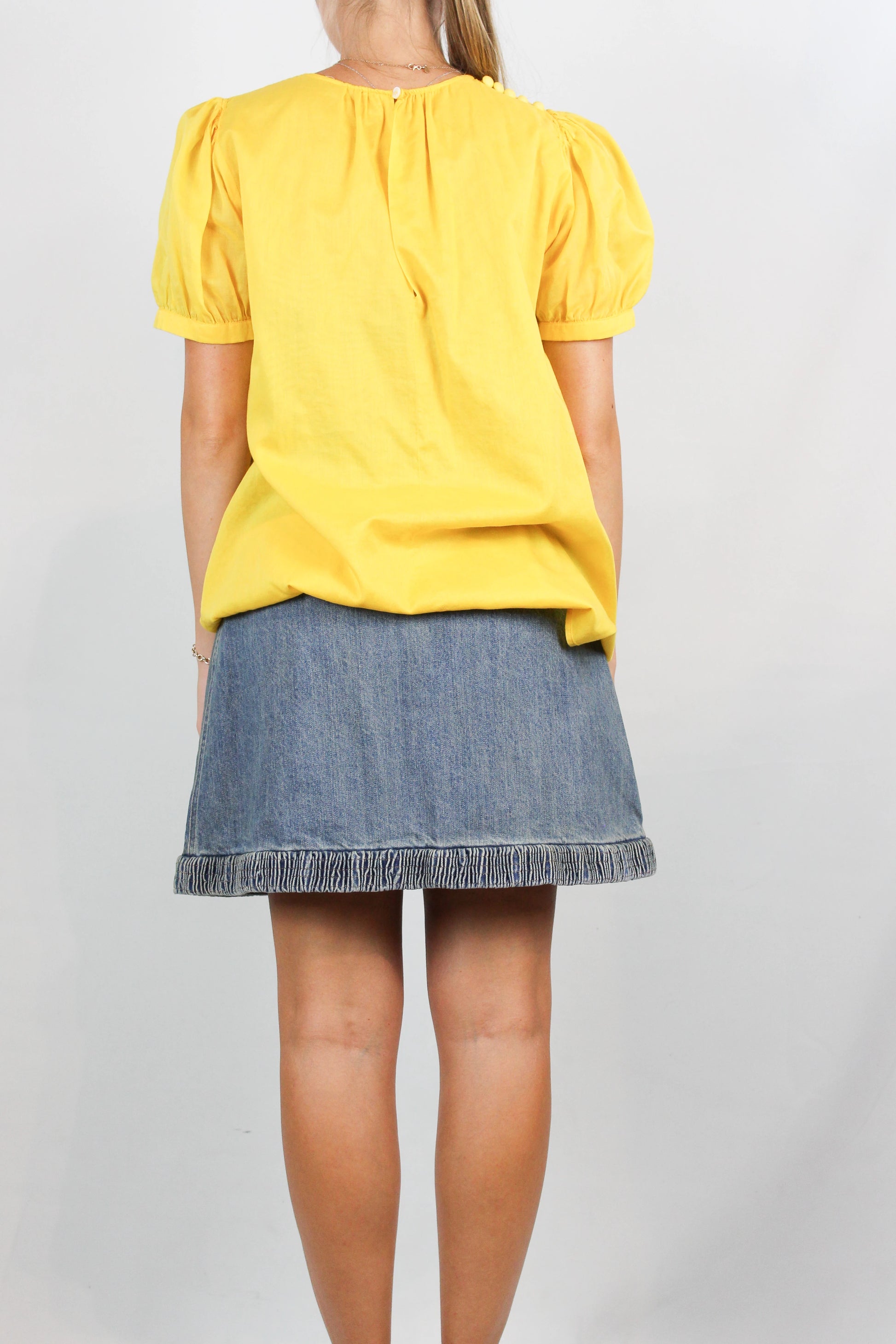 Yellow Cotton Short-Sleeve Shirt with Puff Sleeves