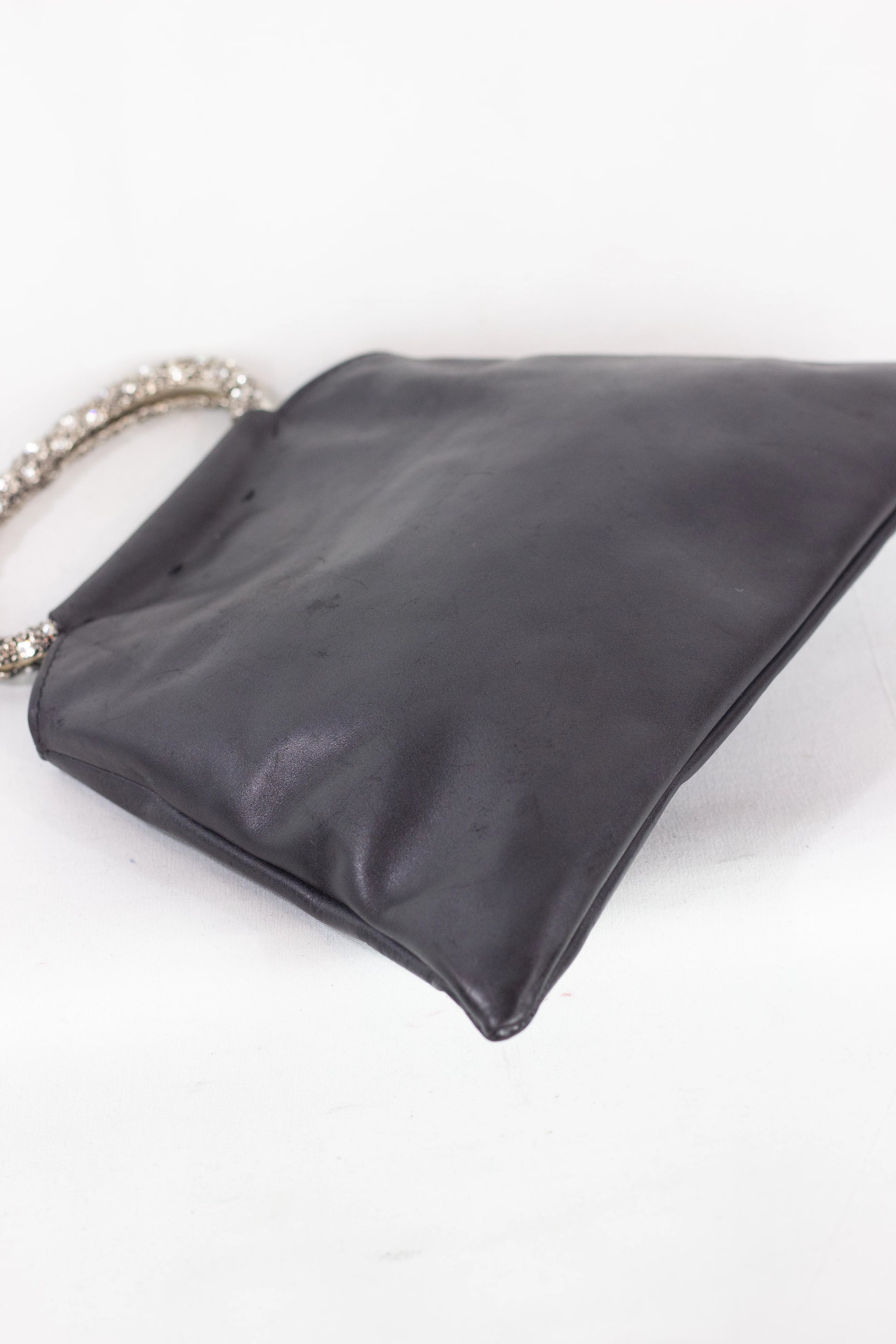 Black Leather Evening Bag with Gem-Embellished Metal Handles