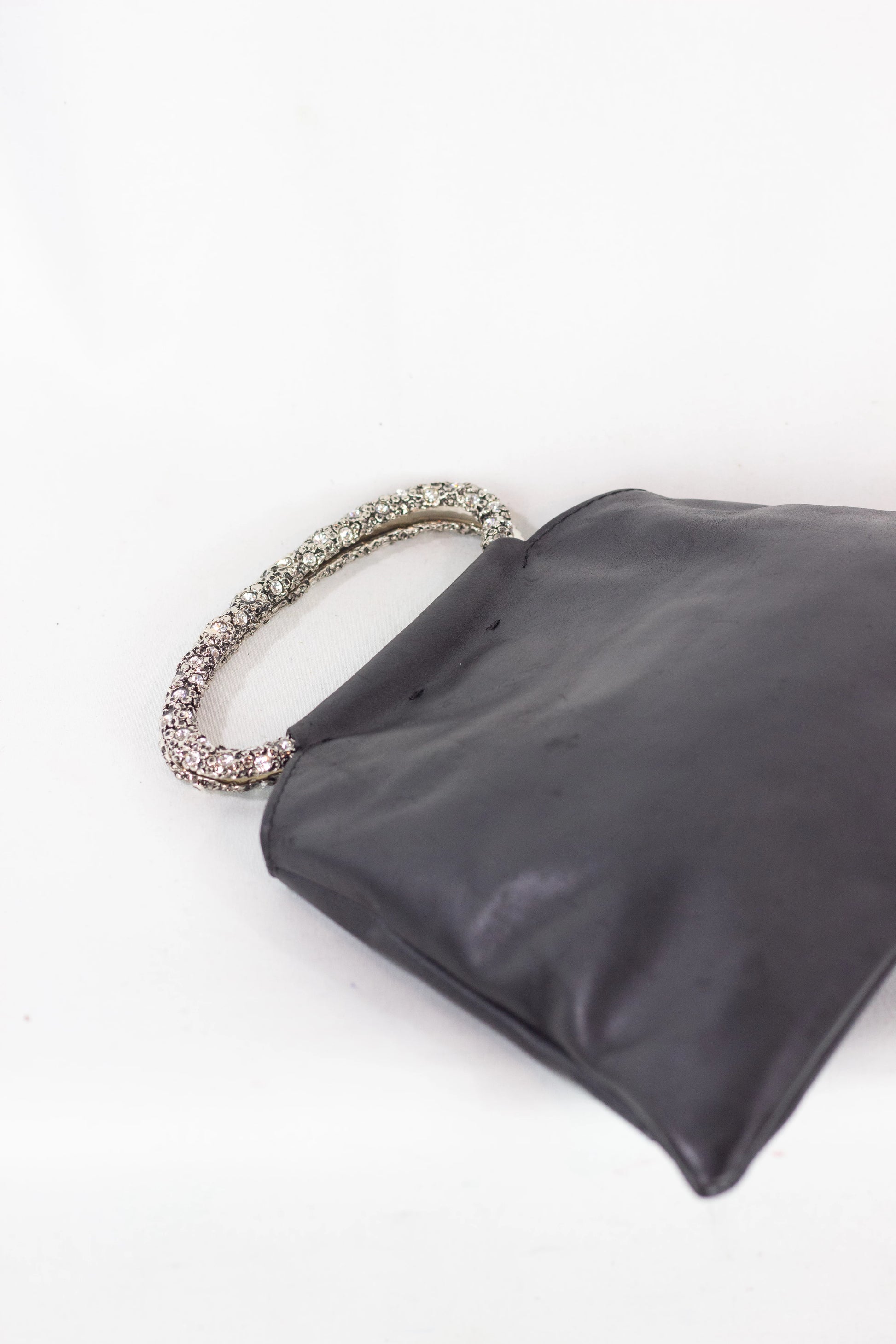 Black Leather Evening Bag with Gem-Embellished Metal Handles