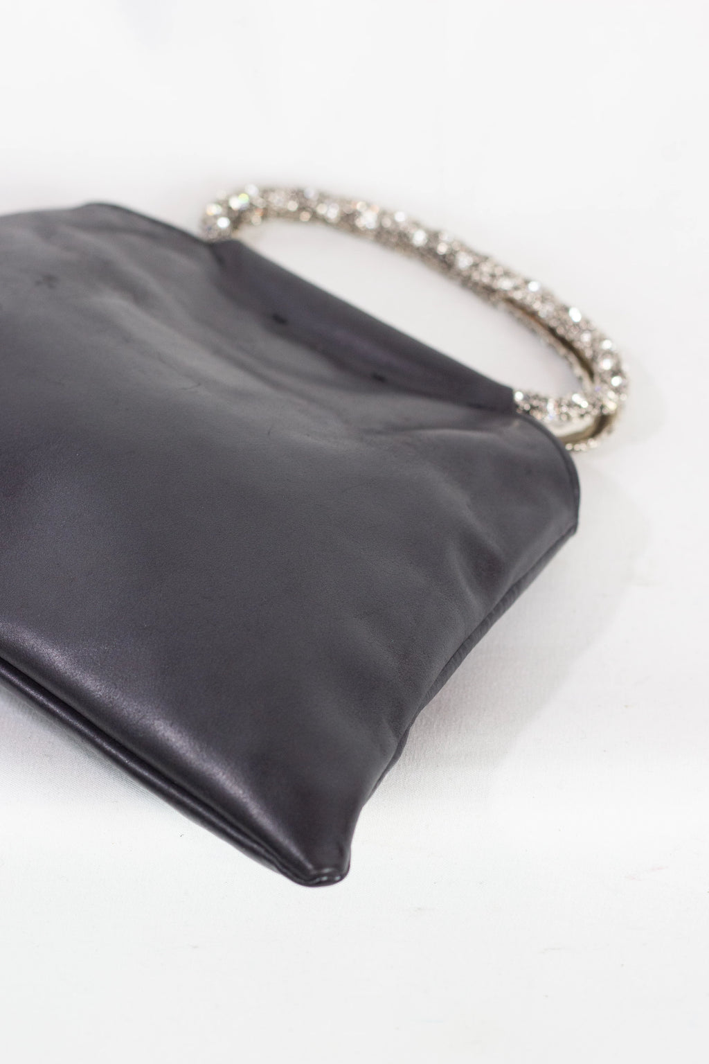 Black Leather Evening Bag with Gem-Embellished Metal Handles
