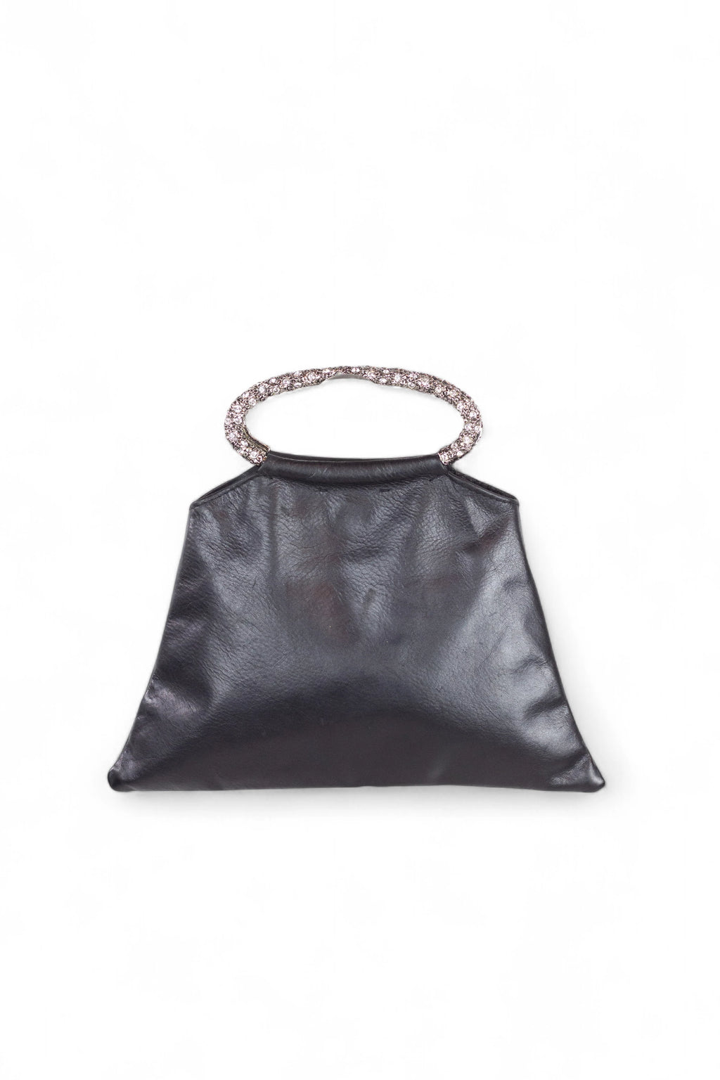 Black Leather Evening Bag with Gem-Embellished Metal Handles