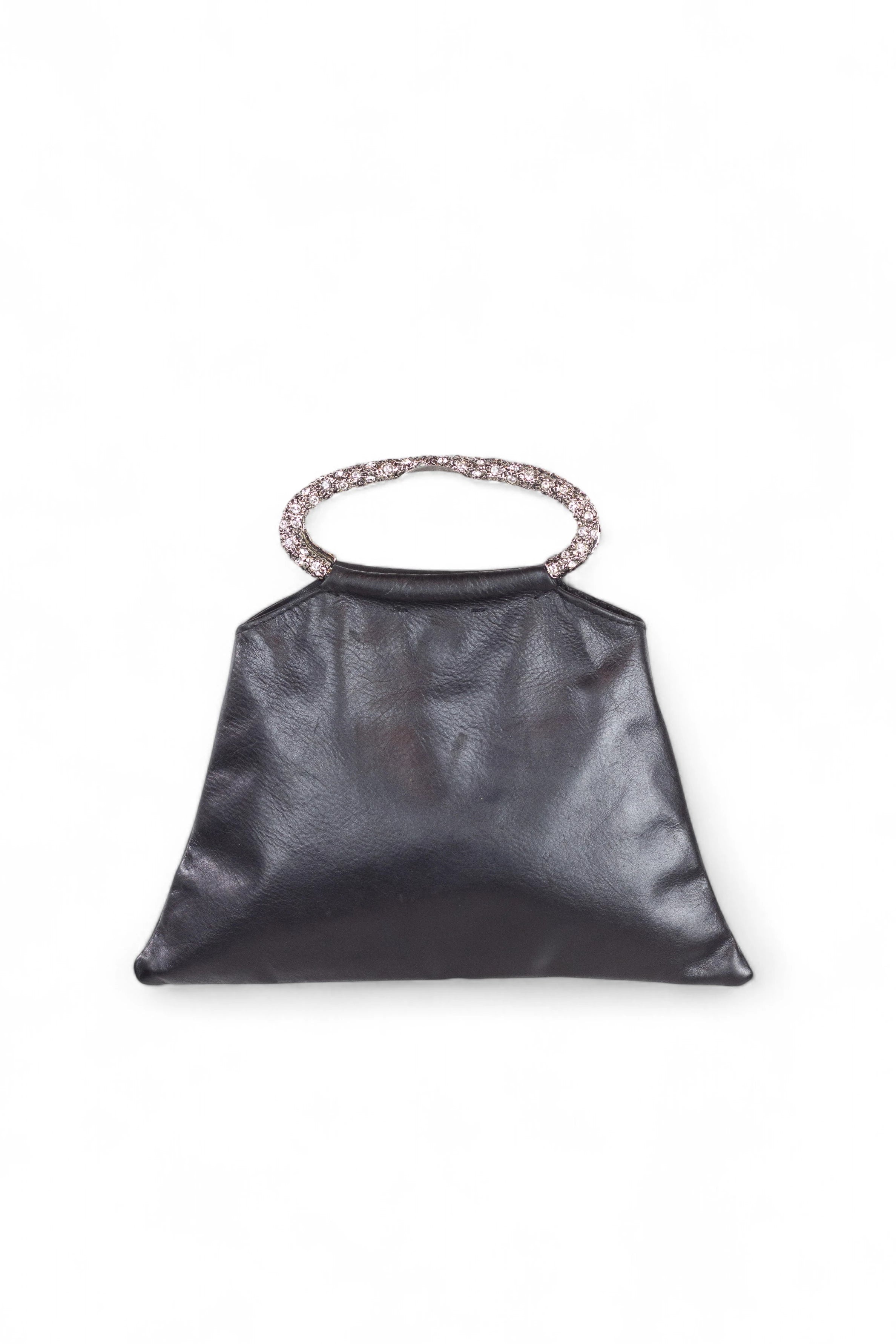 Black Leather Evening Bag with Gem-Embellished Metal Handles
