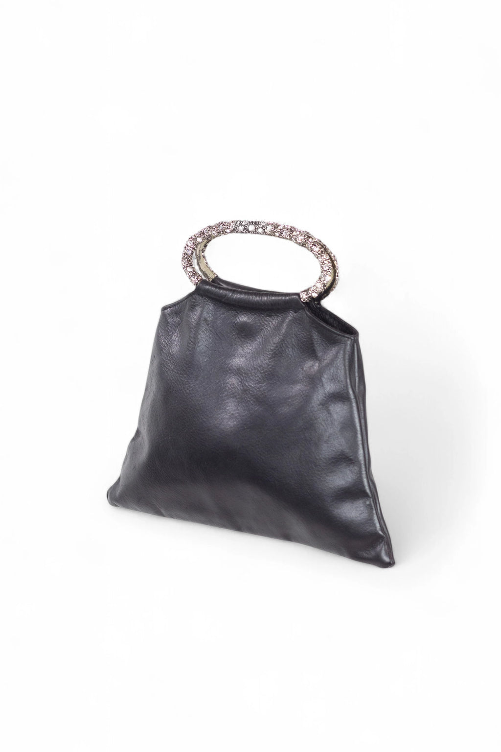 Black Leather Evening Bag with Gem-Embellished Metal Handles