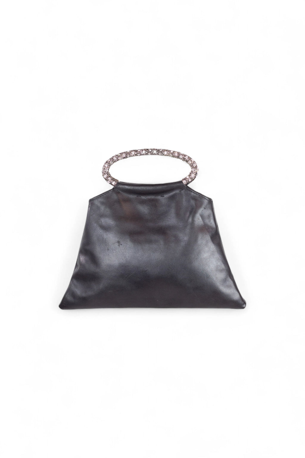 Black Leather Evening Bag with Gem-Embellished Metal Handles
