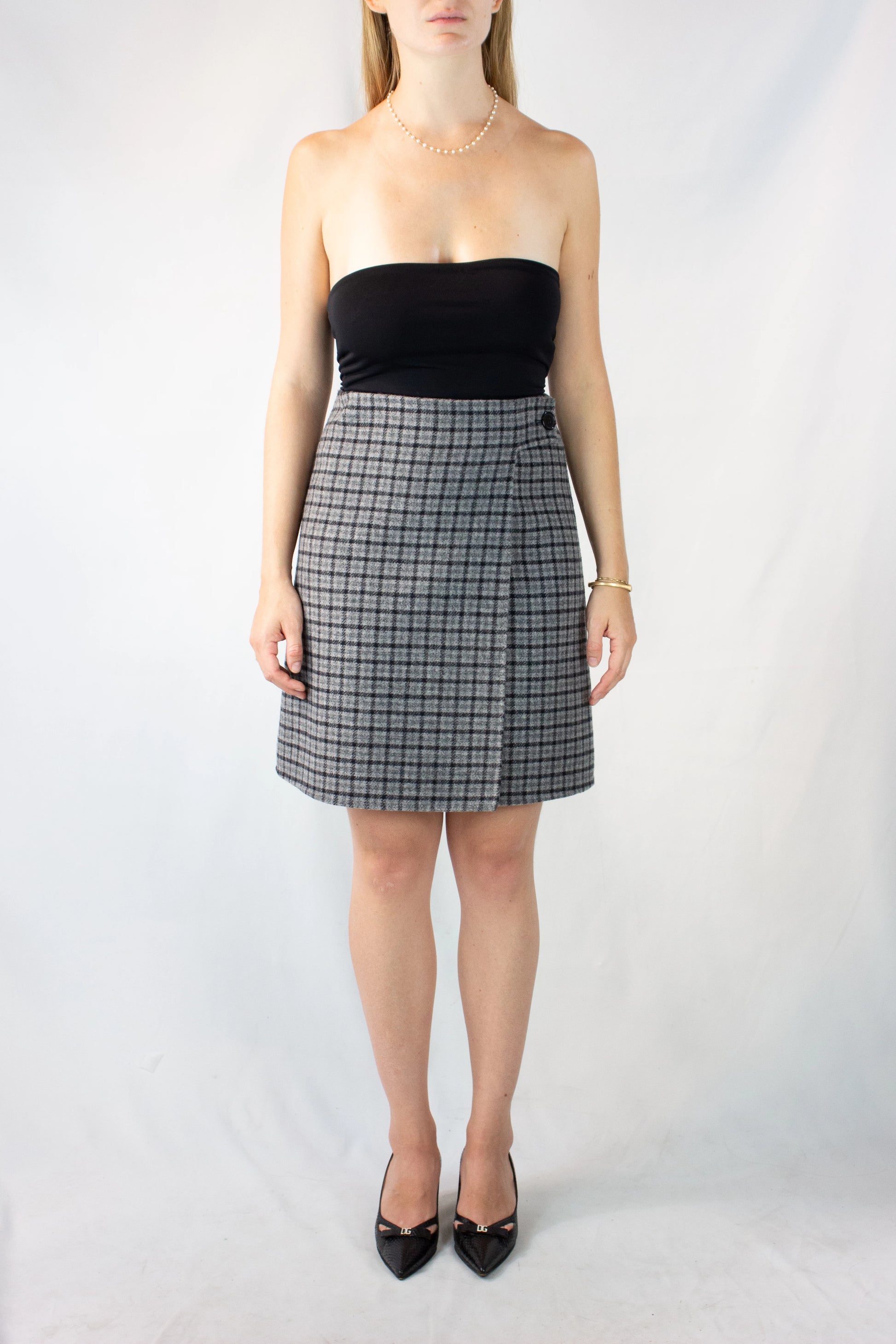 Check High-Waisted Wrap Mini Skirt