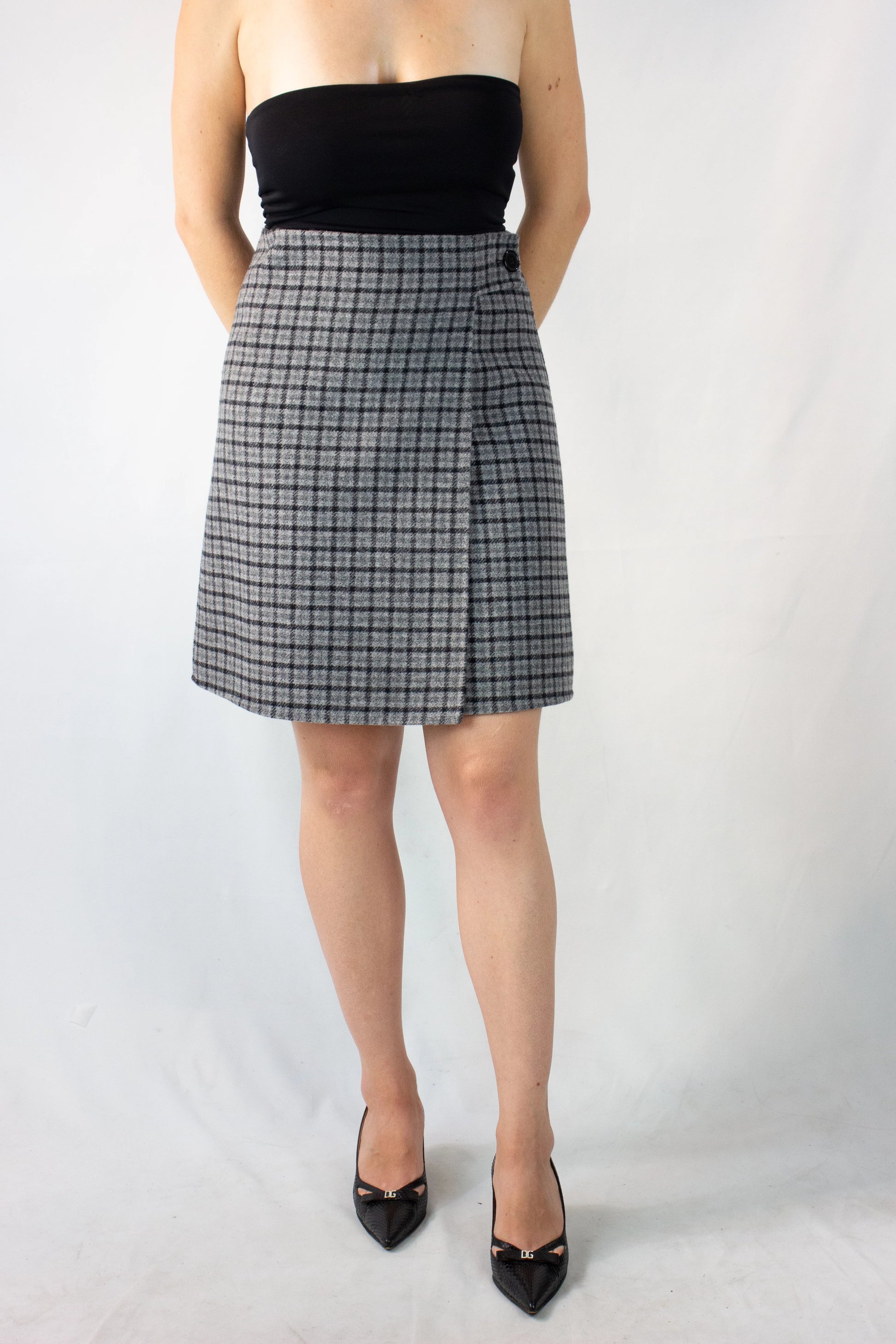 Check High-Waisted Wrap Mini Skirt