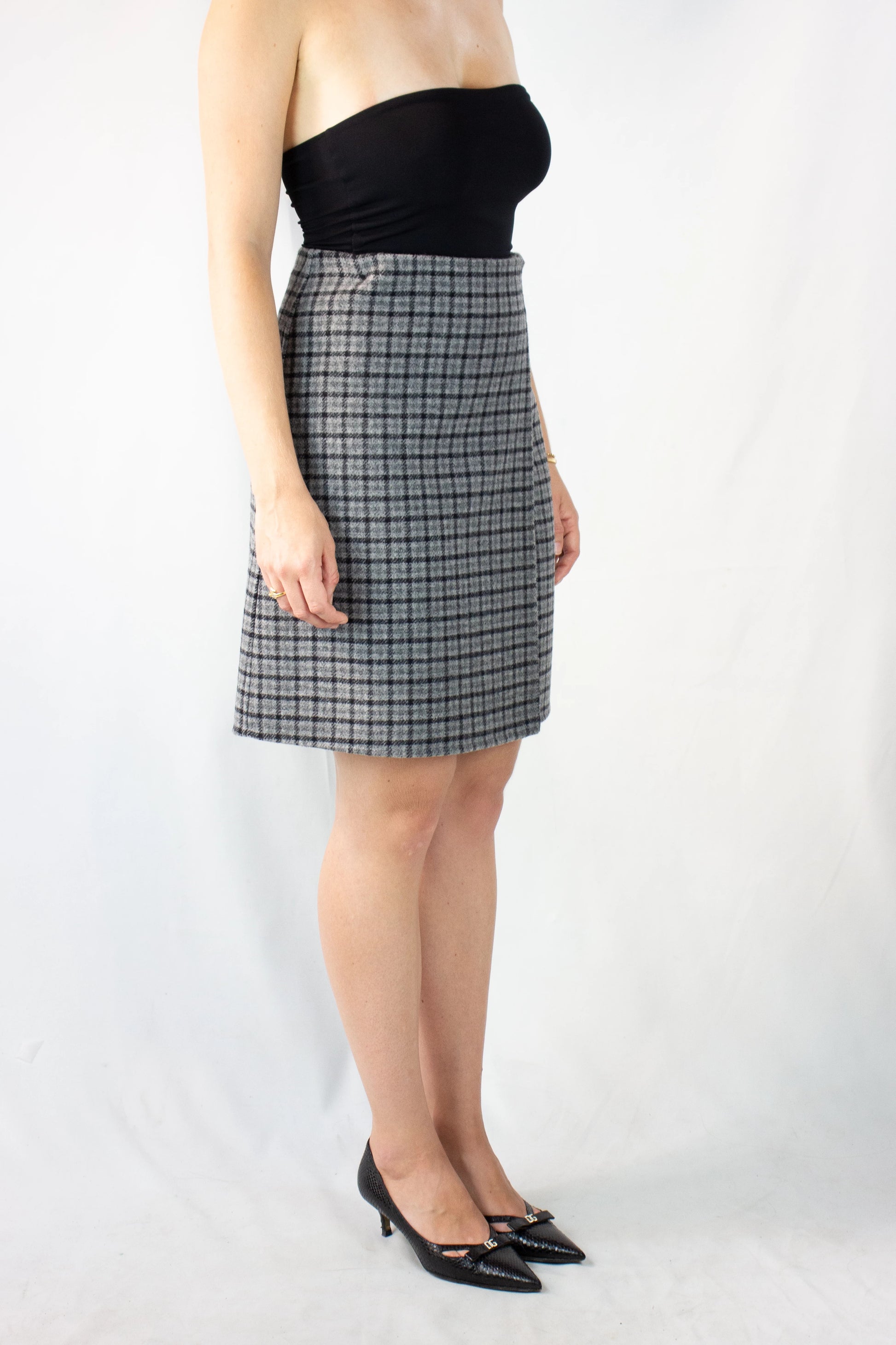 Check High-Waisted Wrap Mini Skirt