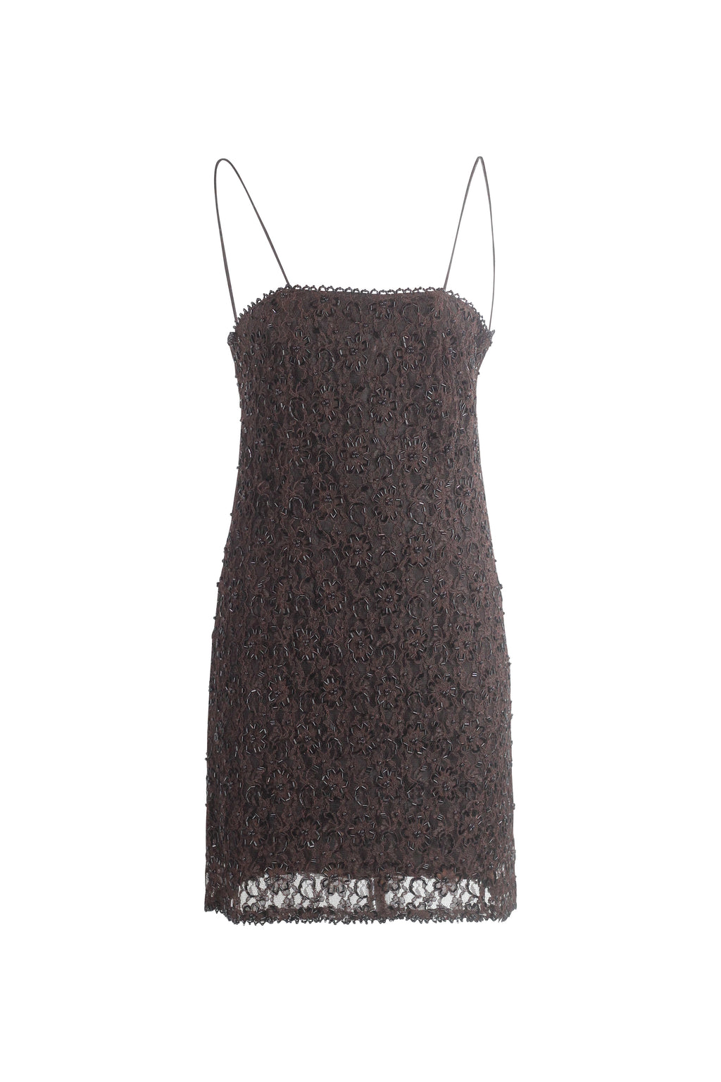 Brown Lace Fitted Dress with Spaghetti Straps