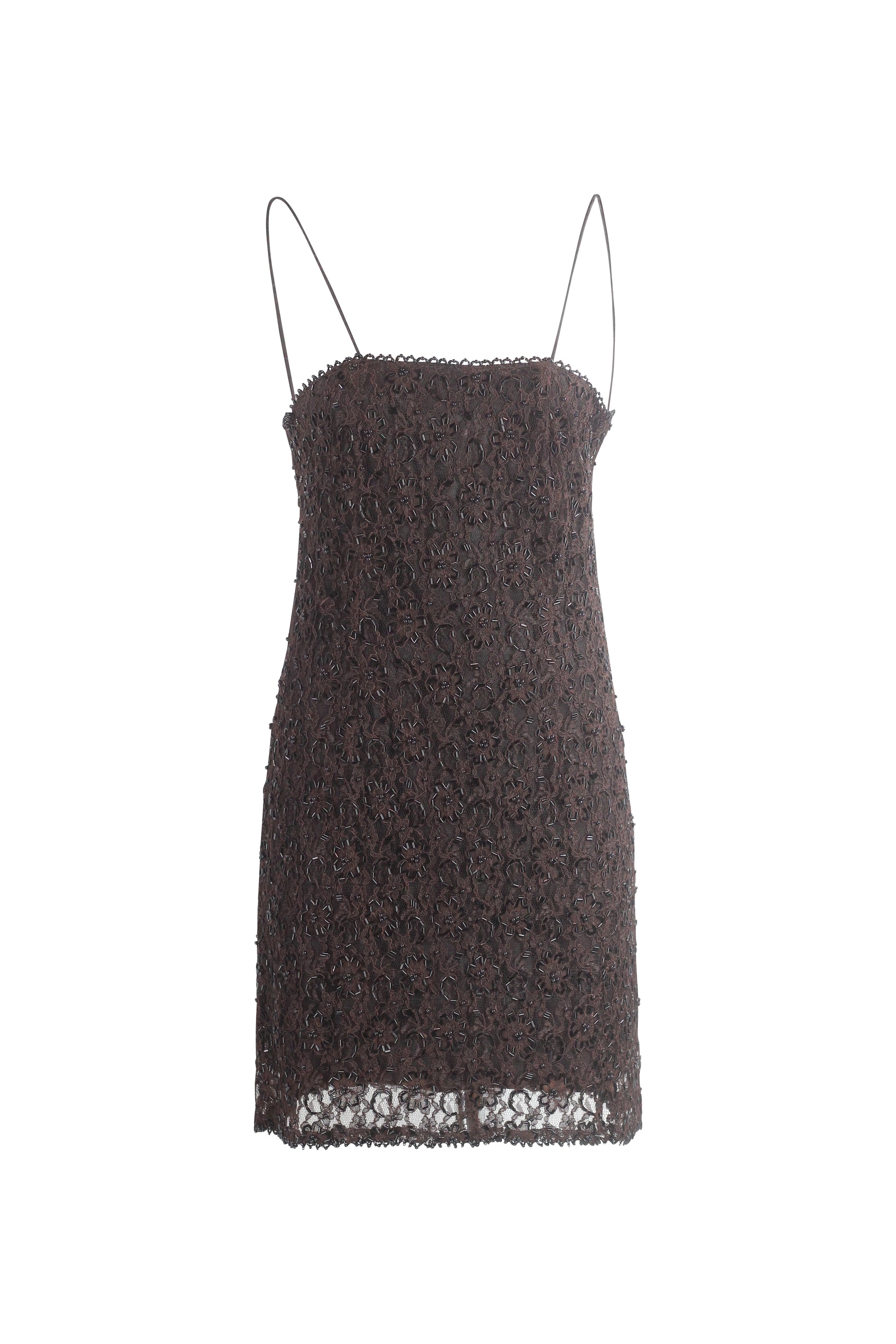 Brown Lace Fitted Dress with Spaghetti Straps