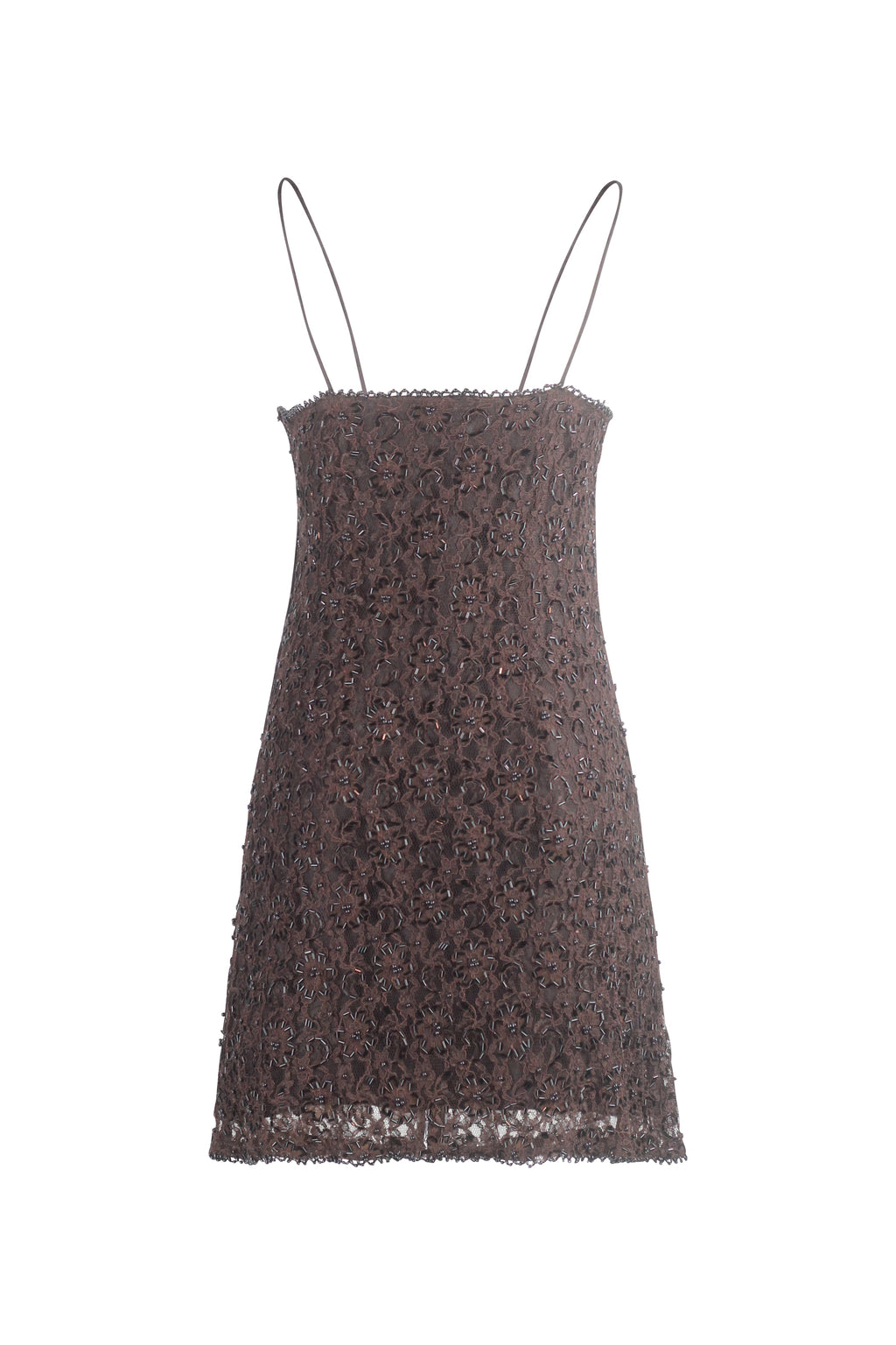 Brown Lace Fitted Dress with Spaghetti Straps