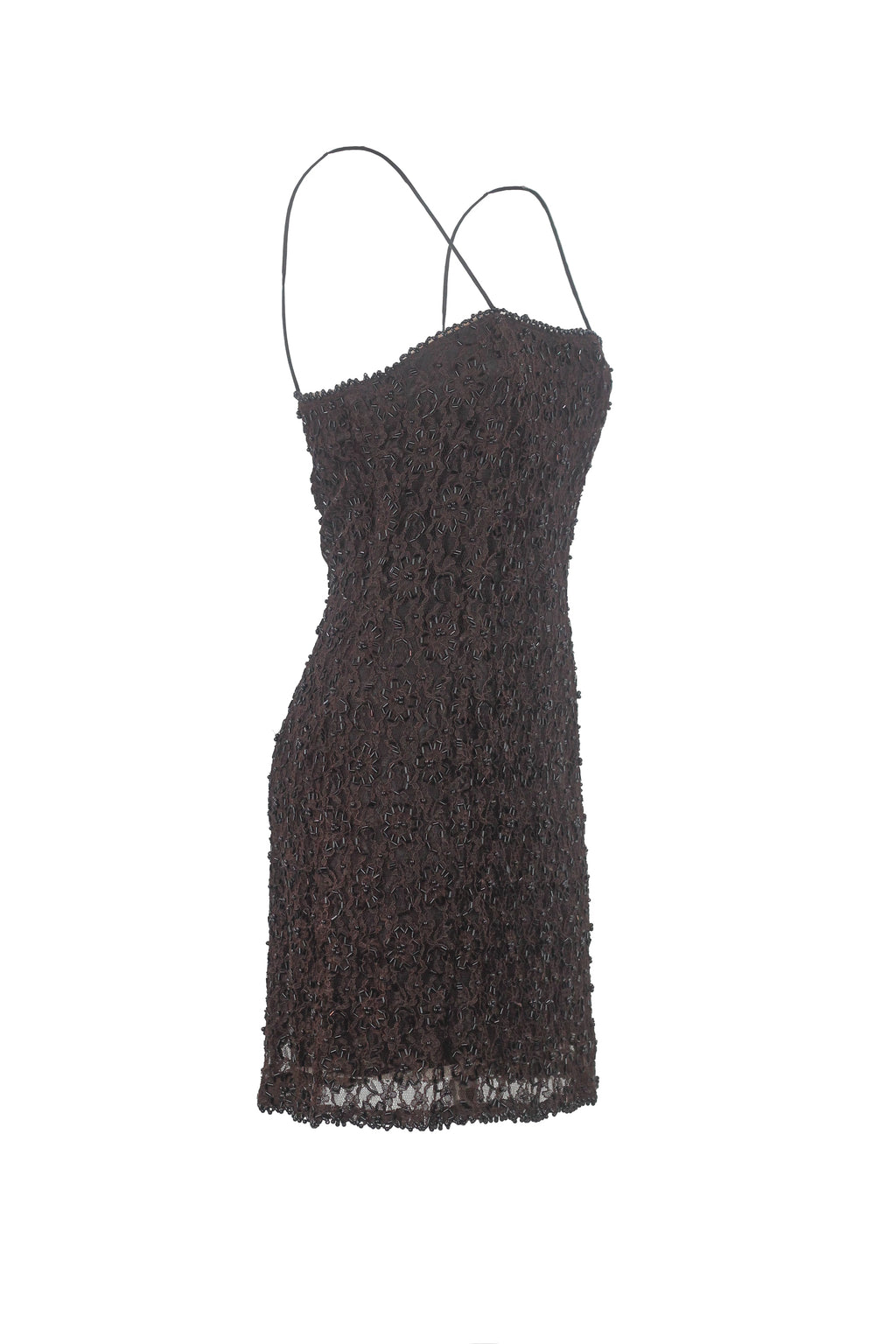 Brown Lace Fitted Dress with Spaghetti Straps