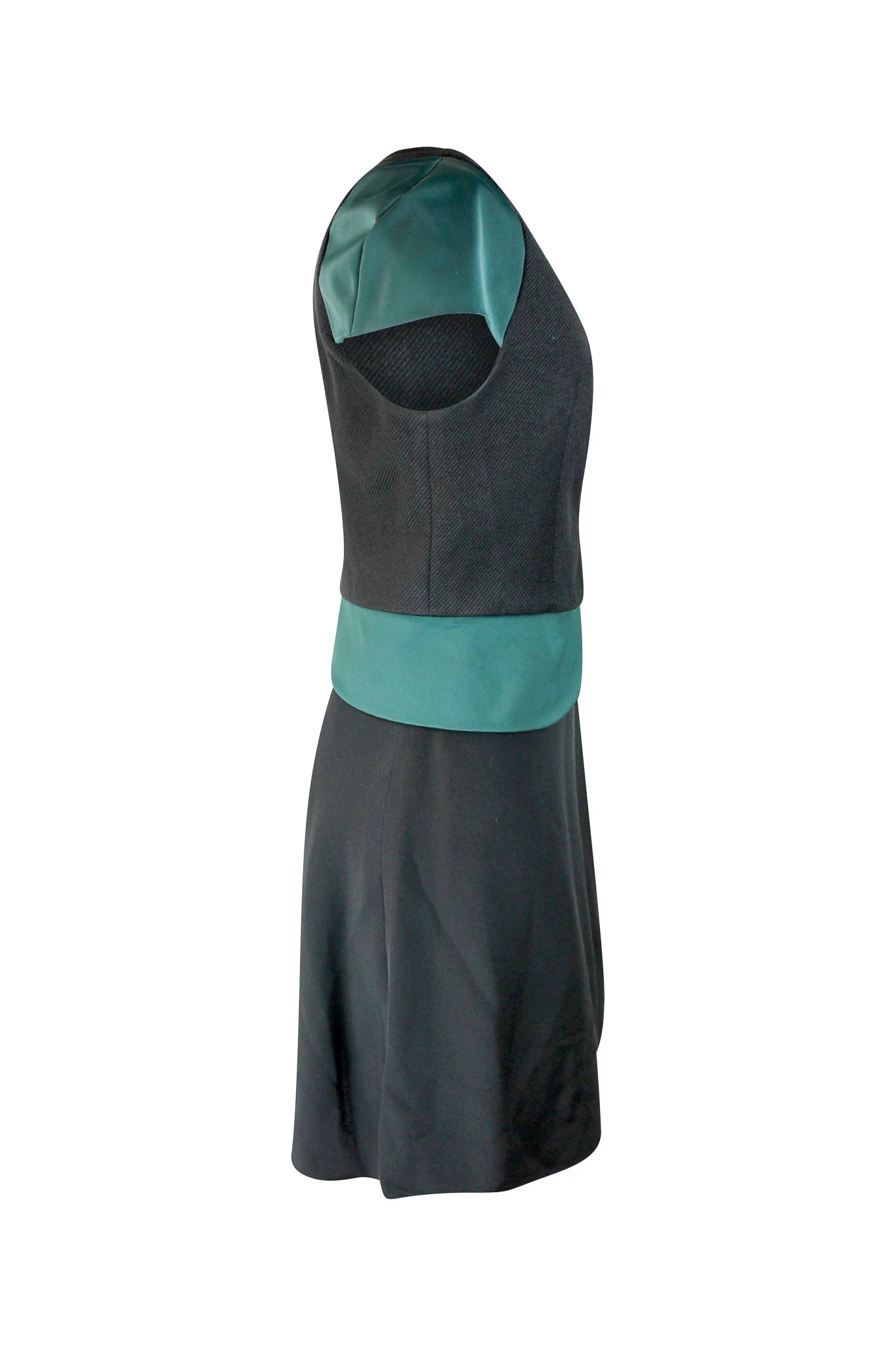 Asymmetrical Green and Black Dress with Cutout and D-Buckle Detail