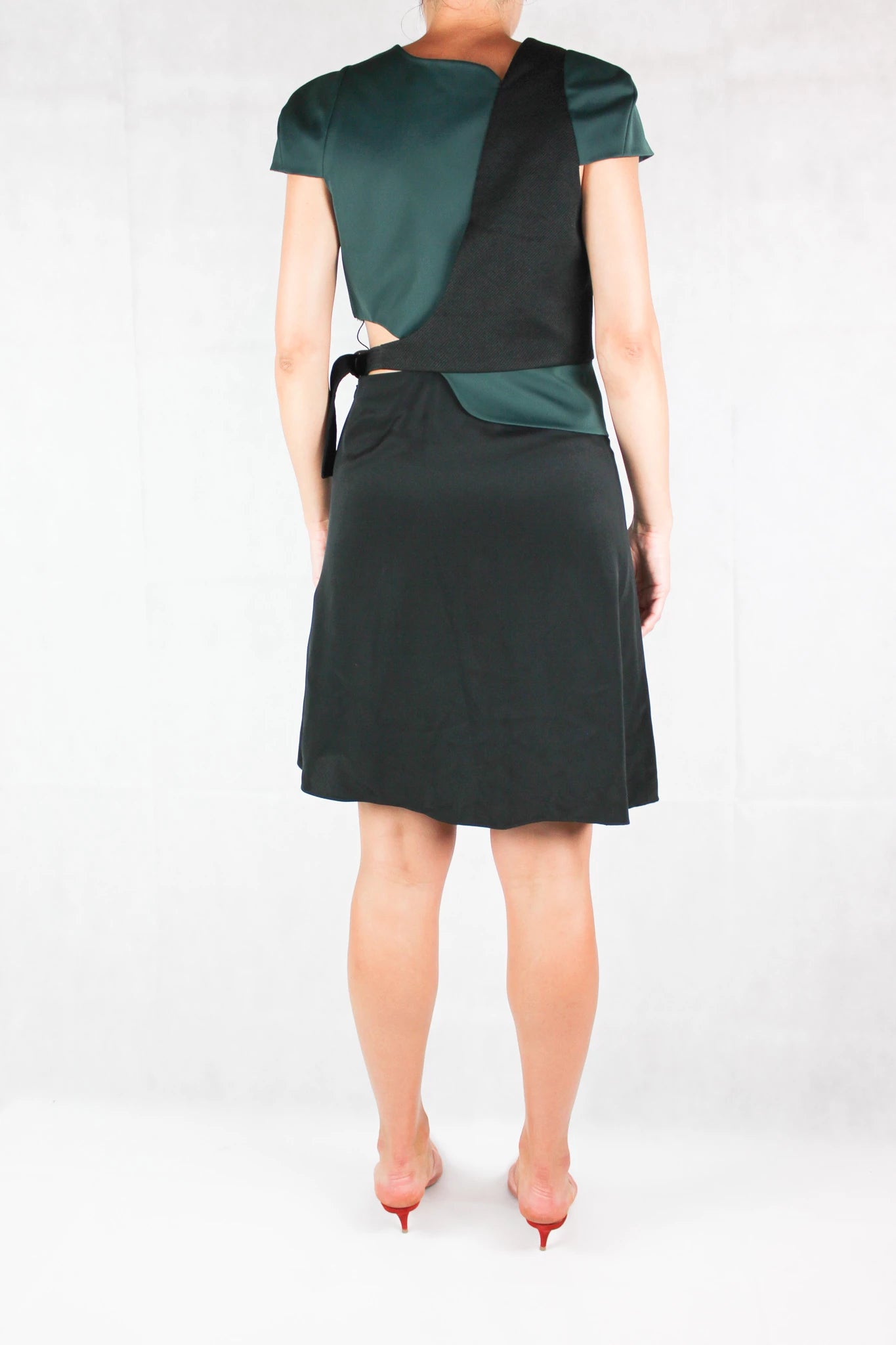 Asymmetrical Green and Black Dress with Cutout and D-Buckle Detail