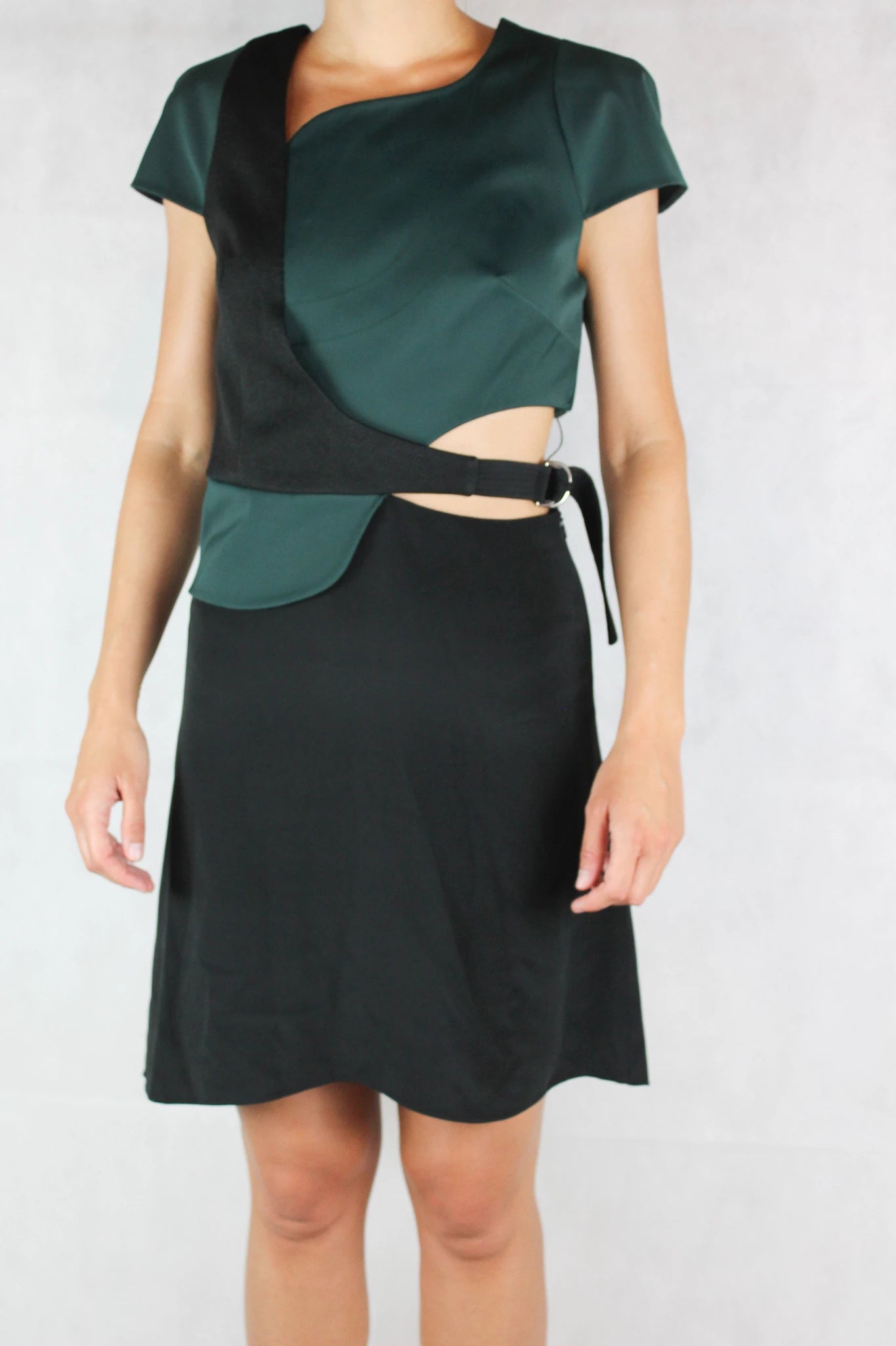 Asymmetrical Green and Black Dress with Cutout and D-Buckle Detail