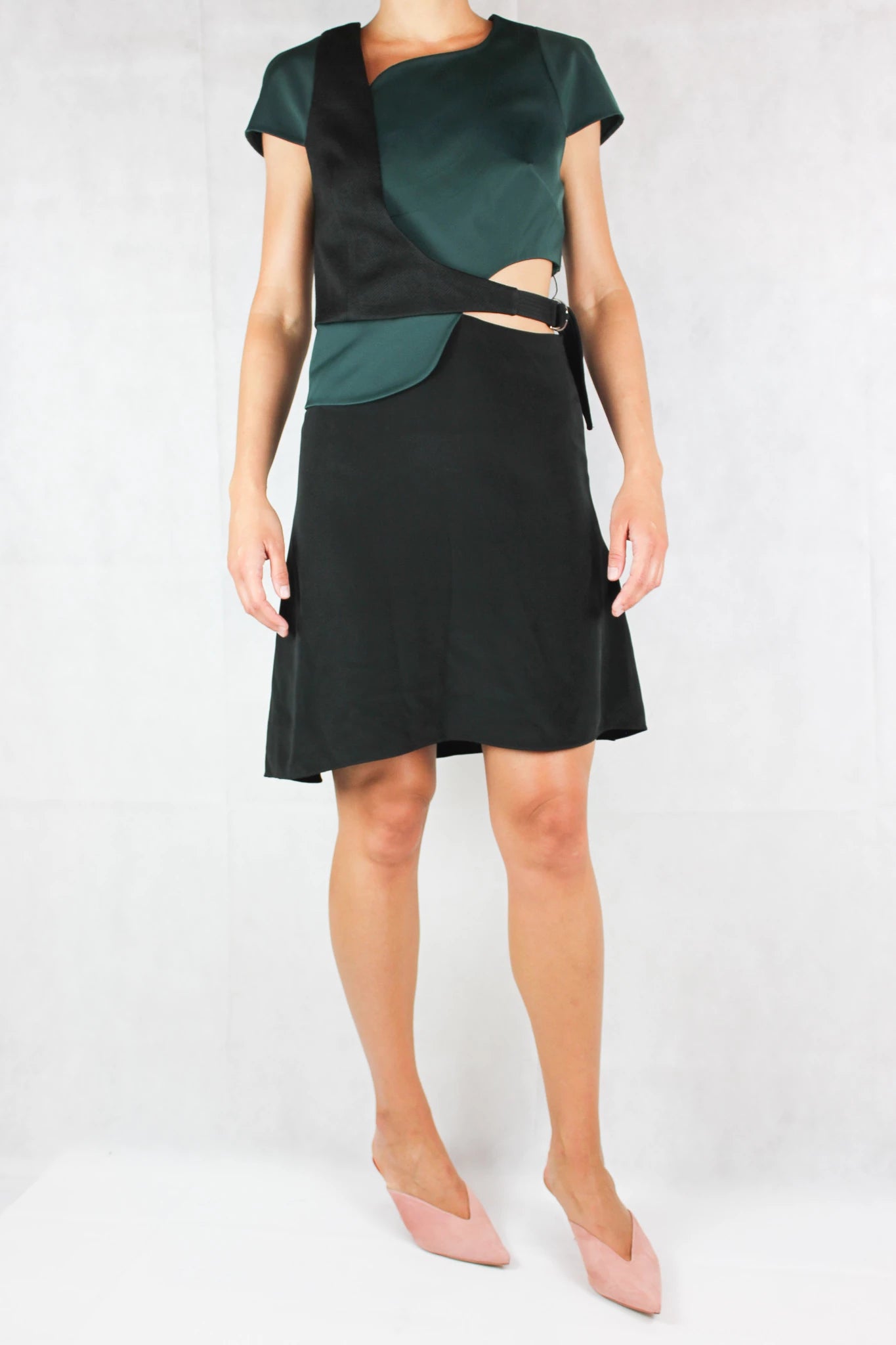 Asymmetrical Green and Black Dress with Cutout and D-Buckle Detail