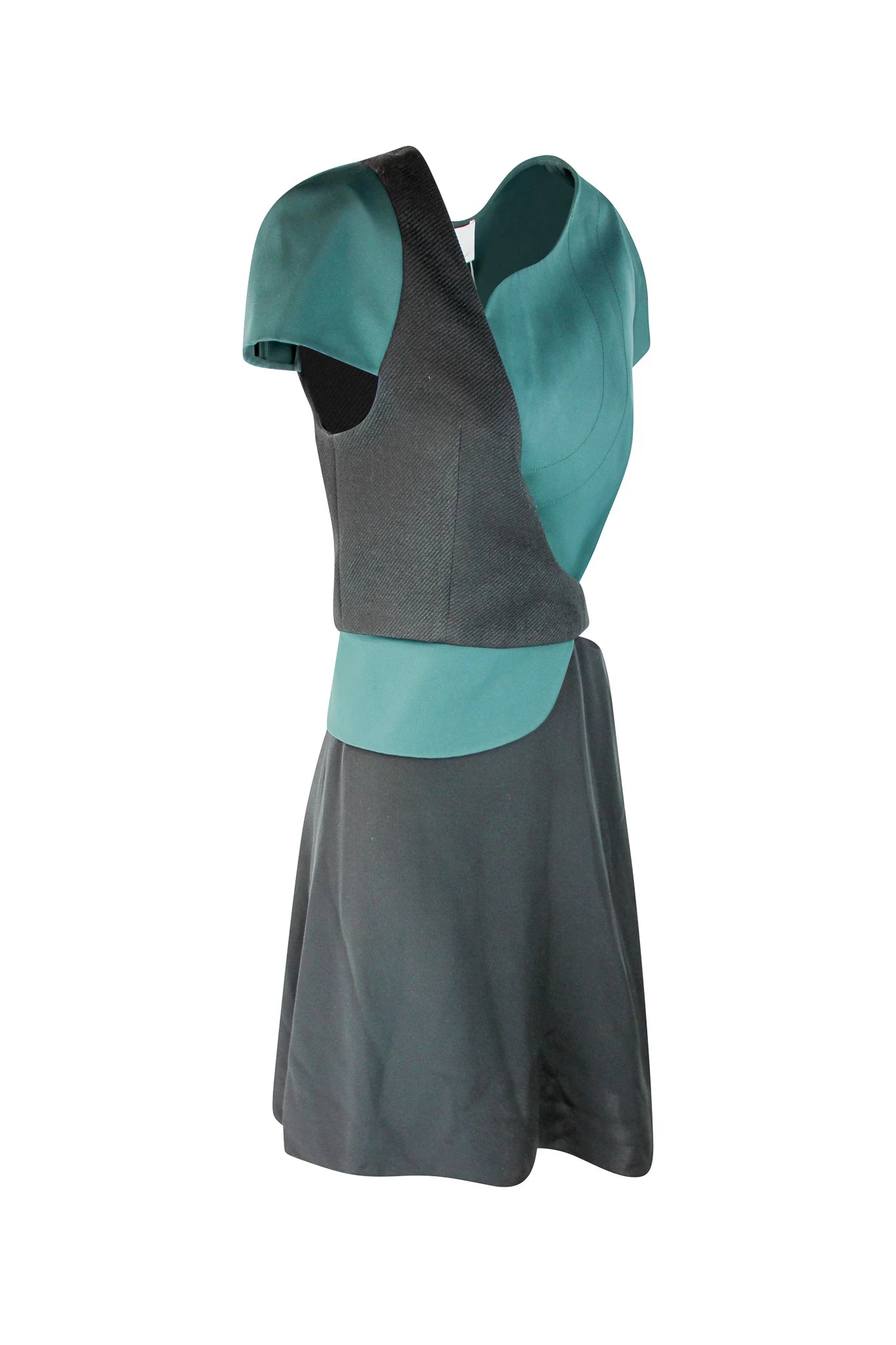 Asymmetrical Green and Black Dress with Cutout and D-Buckle Detail