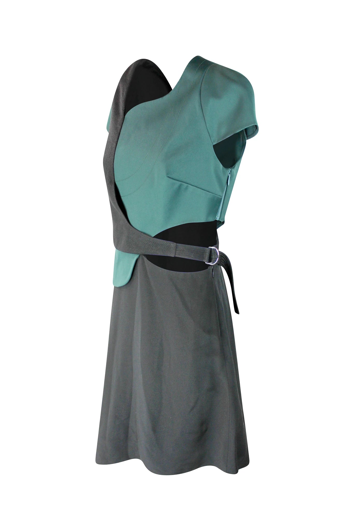 Asymmetrical Green and Black Dress with Cutout and D-Buckle Detail