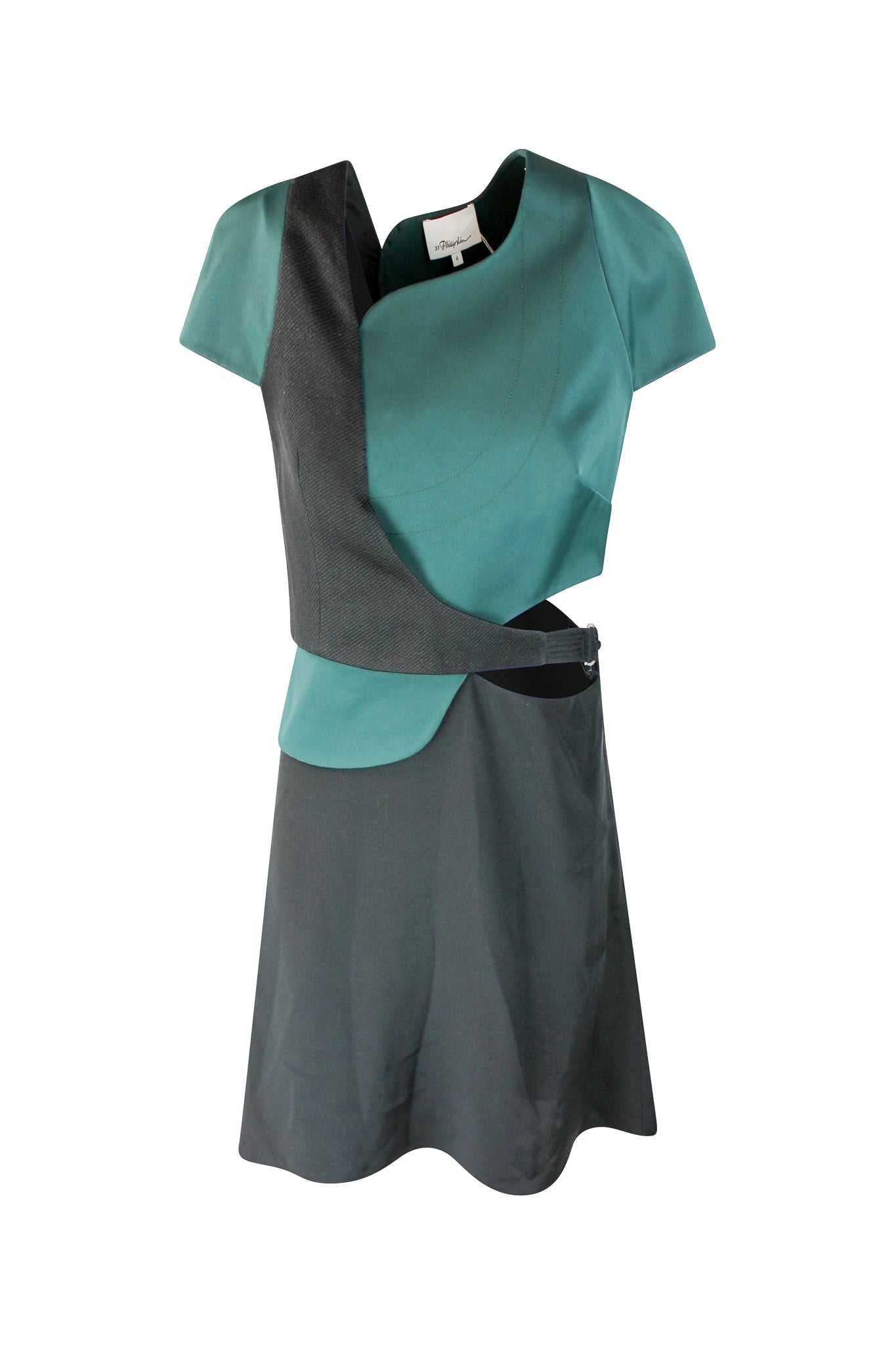 Asymmetrical Green and Black Dress with Cutout and D-Buckle Detail