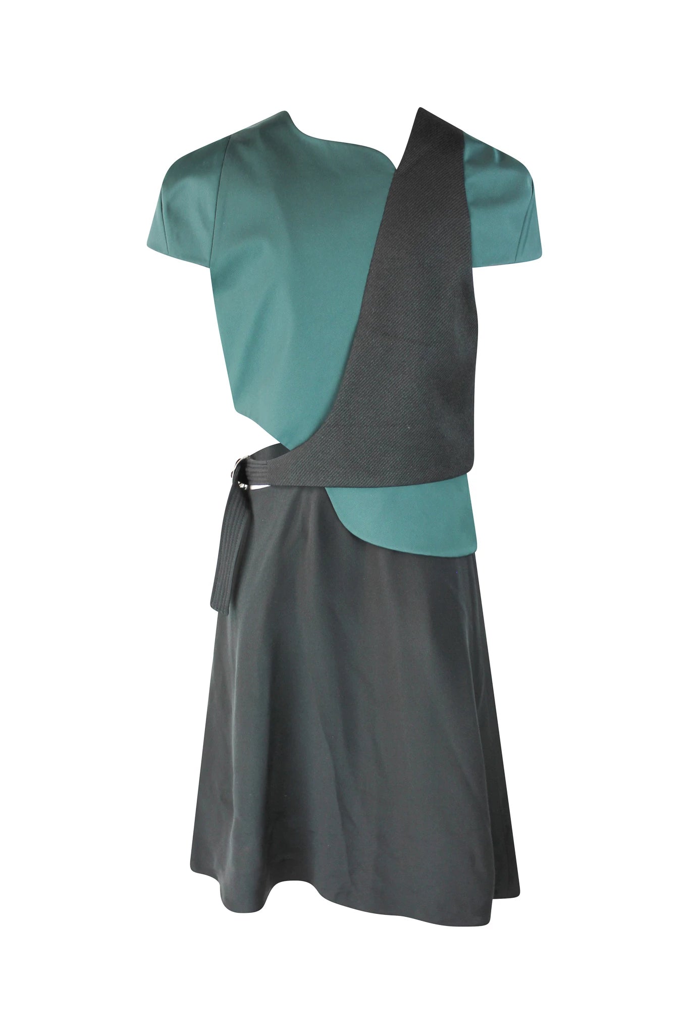 Asymmetrical Green and Black Dress with Cutout and D-Buckle Detail