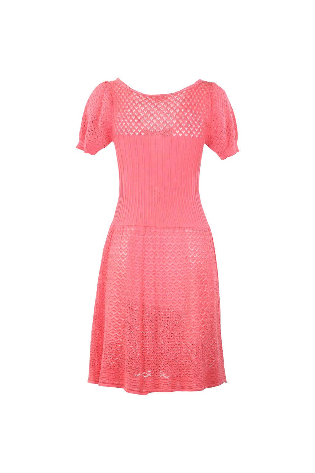 Pink Knit Puff Sleeve Fit & Flare Dress
