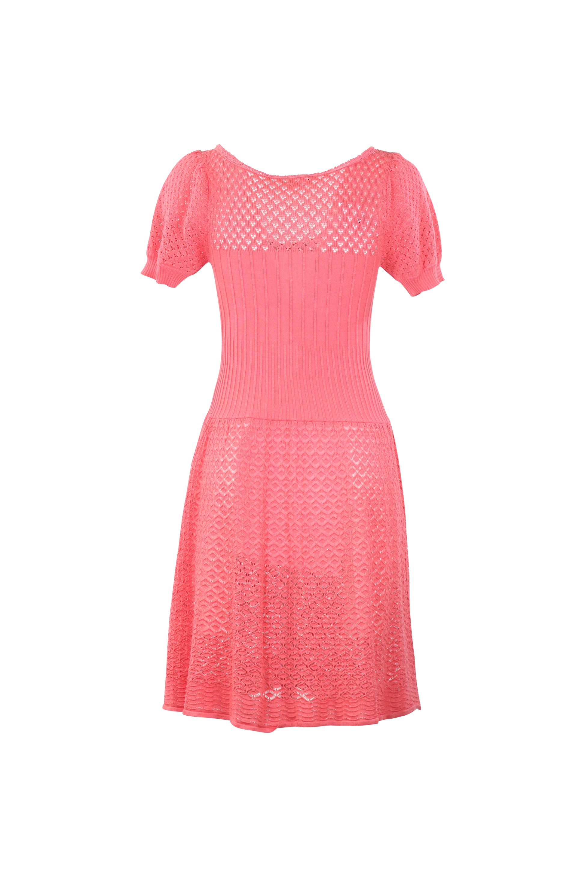 Pink Knit Puff Sleeve Fit & Flare Dress