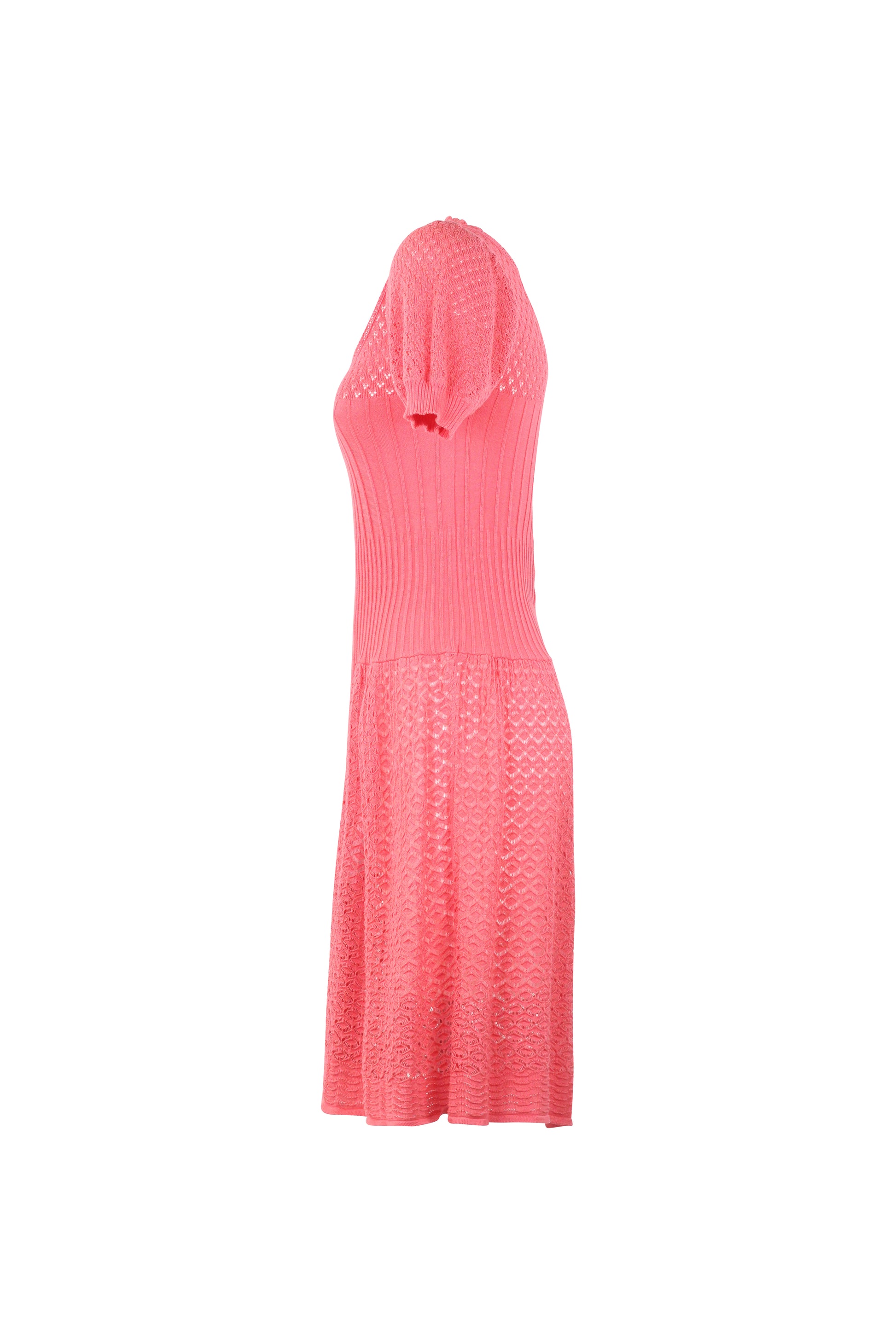 Pink Knit Puff Sleeve Fit & Flare Dress