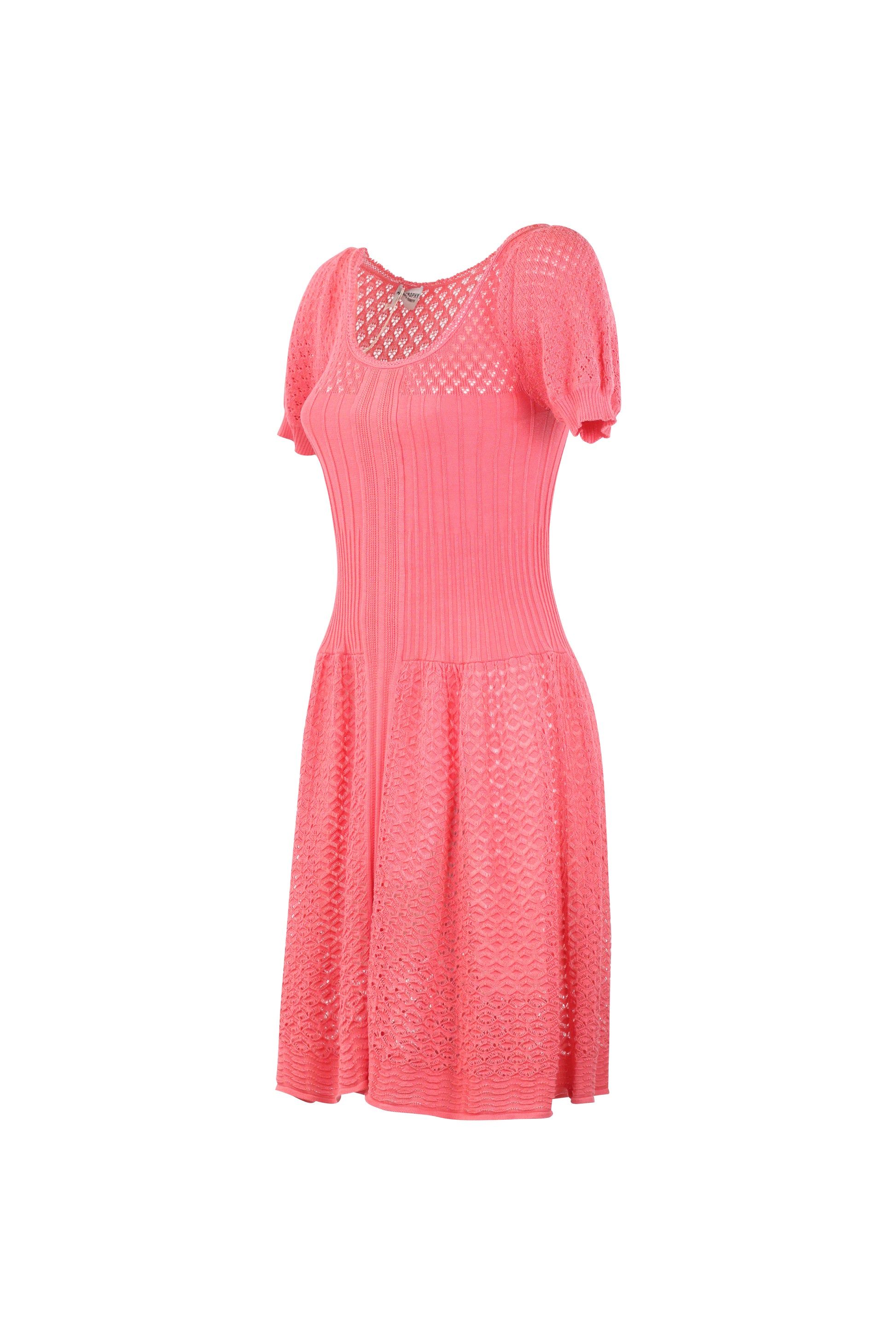 Pink Knit Puff Sleeve Fit & Flare Dress