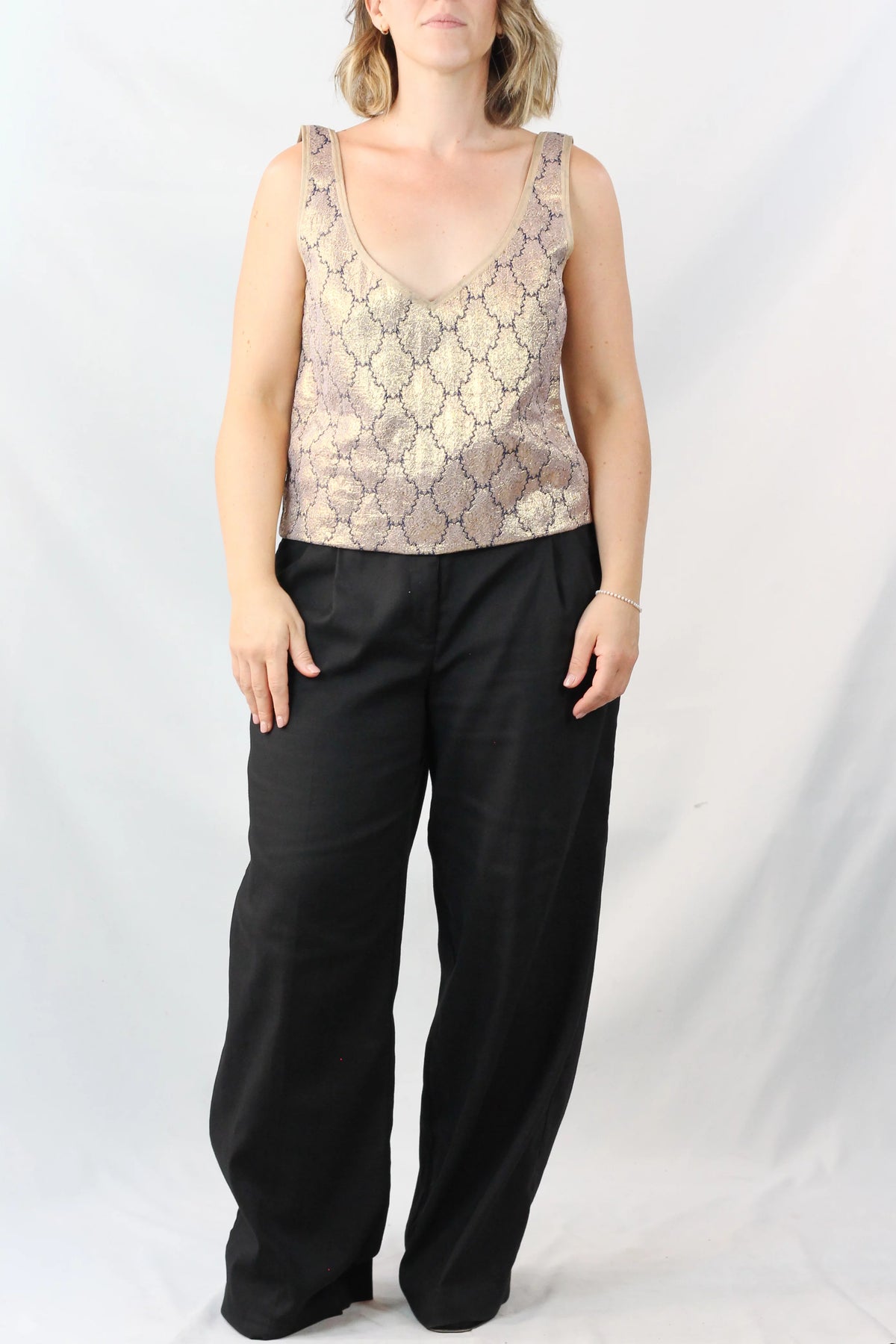 Gold Lamé Brocade V-Neck Tank Top SS2002