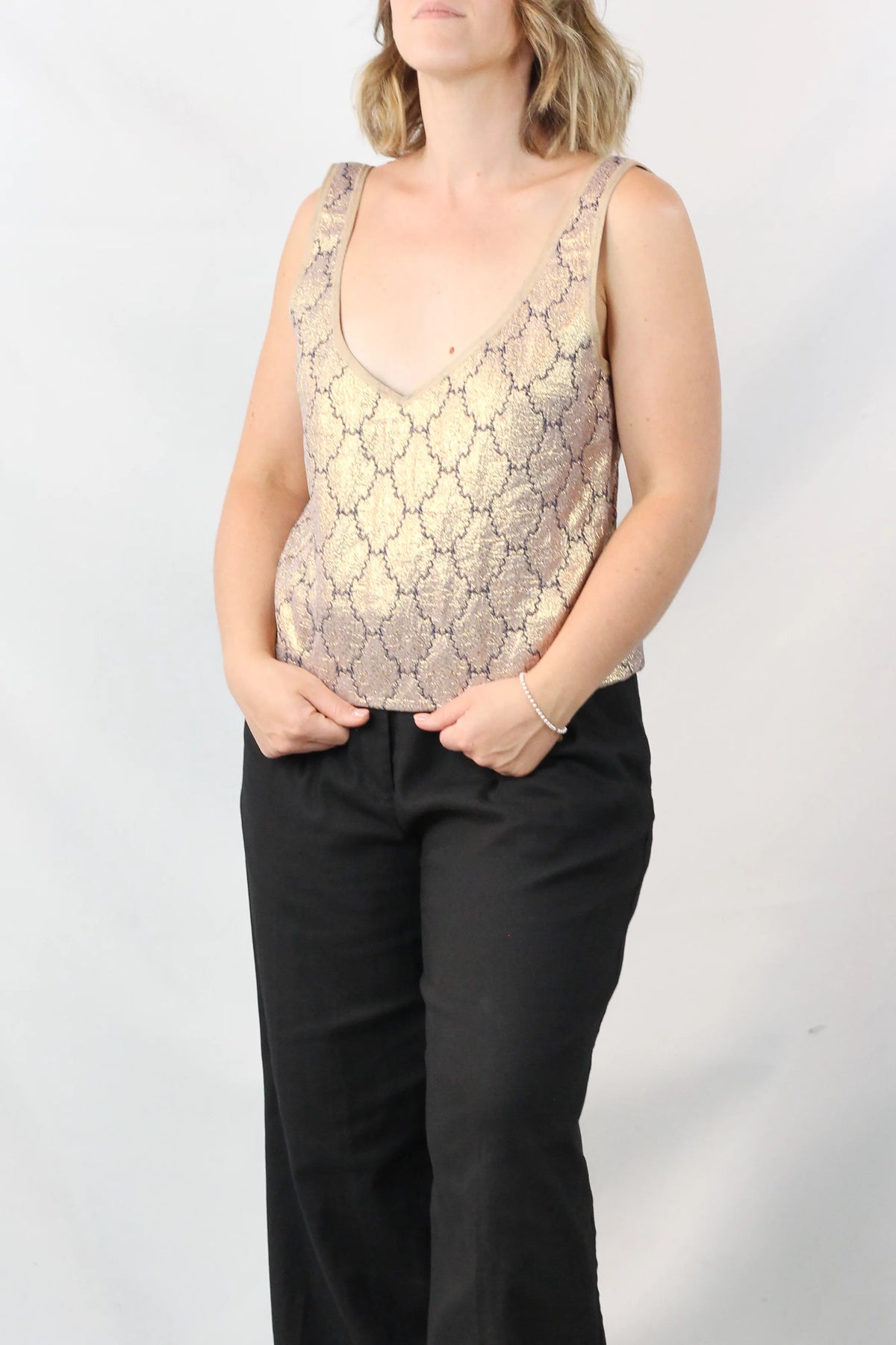 Gold Lamé Brocade V-Neck Tank Top SS2002