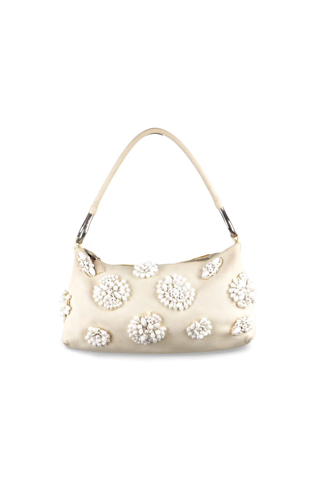 White Leather Shoulder Bag with Beaded Embellishment SS2003