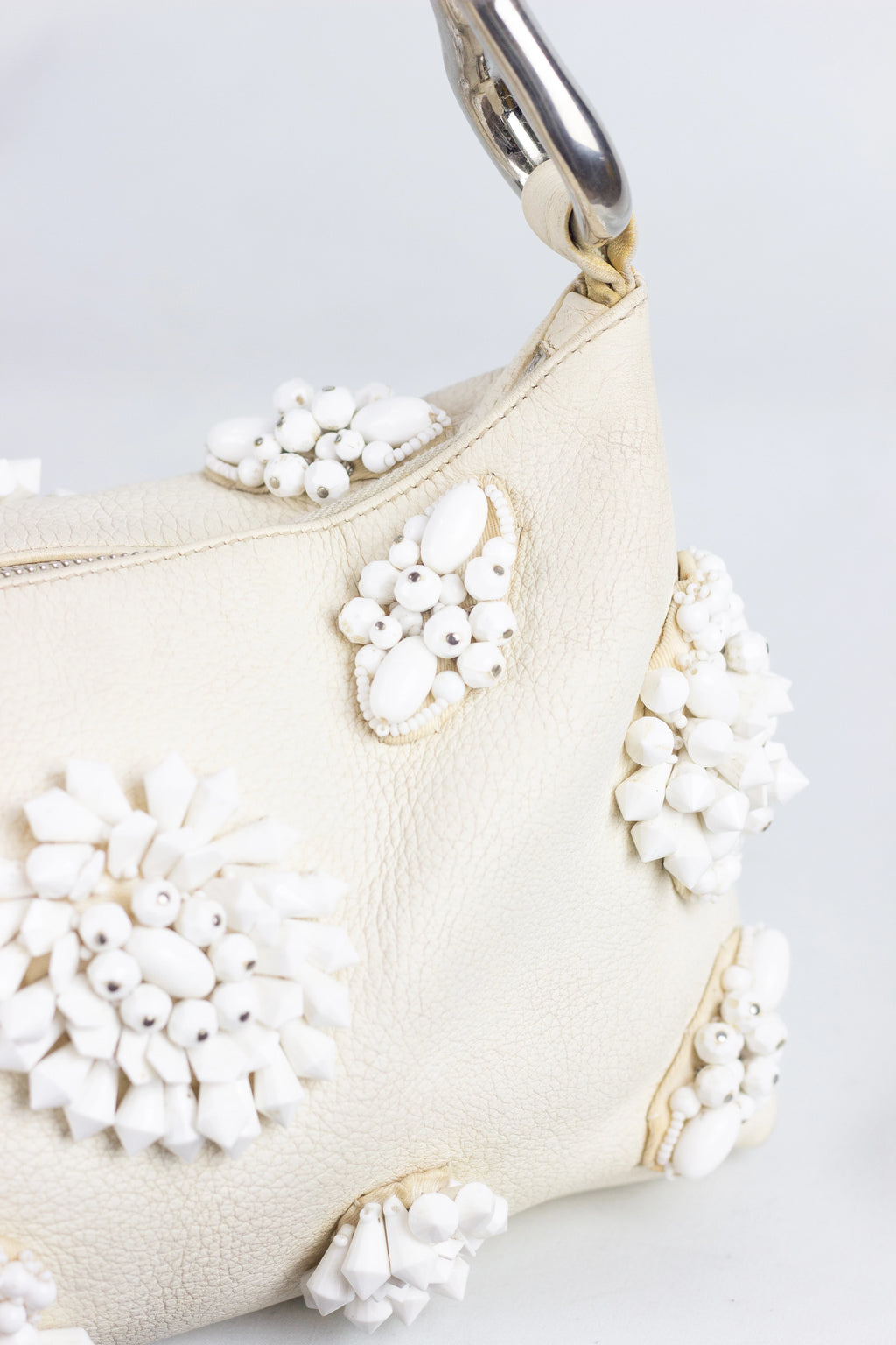 White Leather Shoulder Bag with Beaded Embellishment SS2003