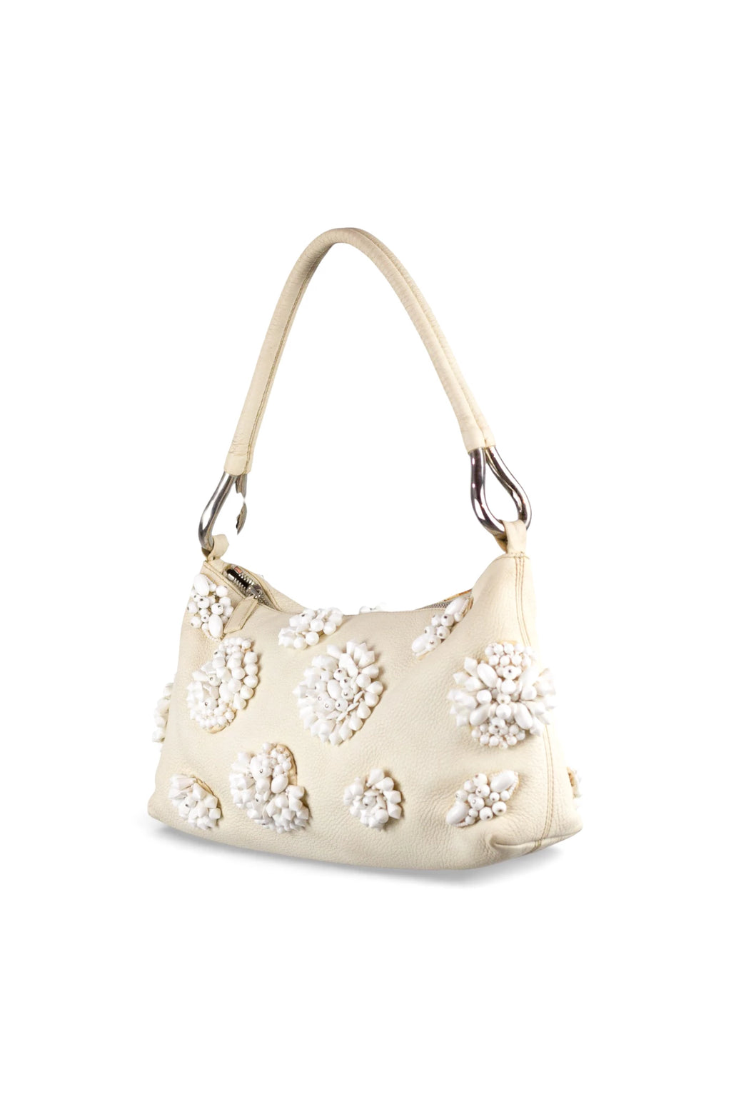White Leather Shoulder Bag with Beaded Embellishment SS2003