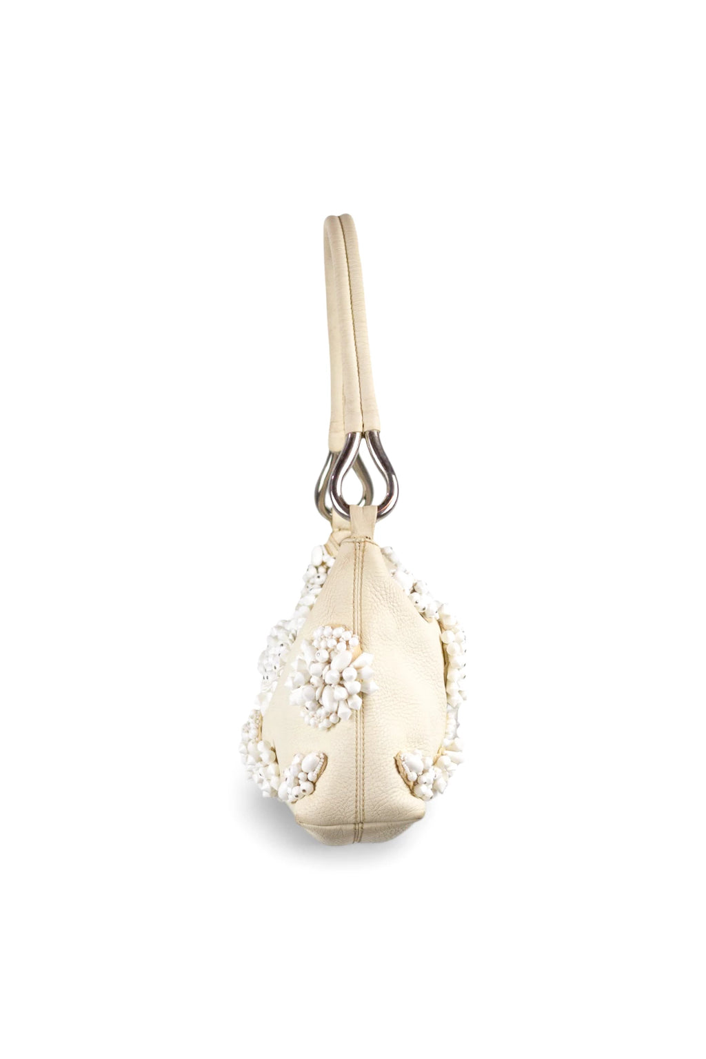 White Leather Shoulder Bag with Beaded Embellishment SS2003