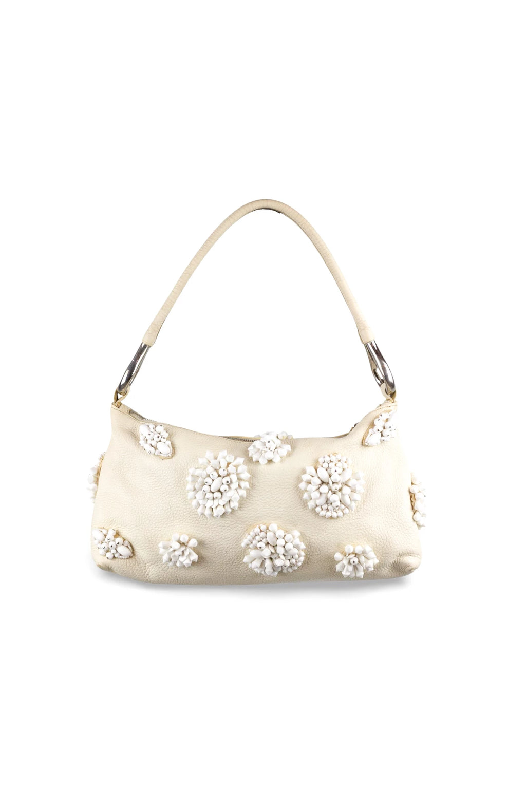 White Leather Shoulder Bag with Beaded Embellishment SS2003