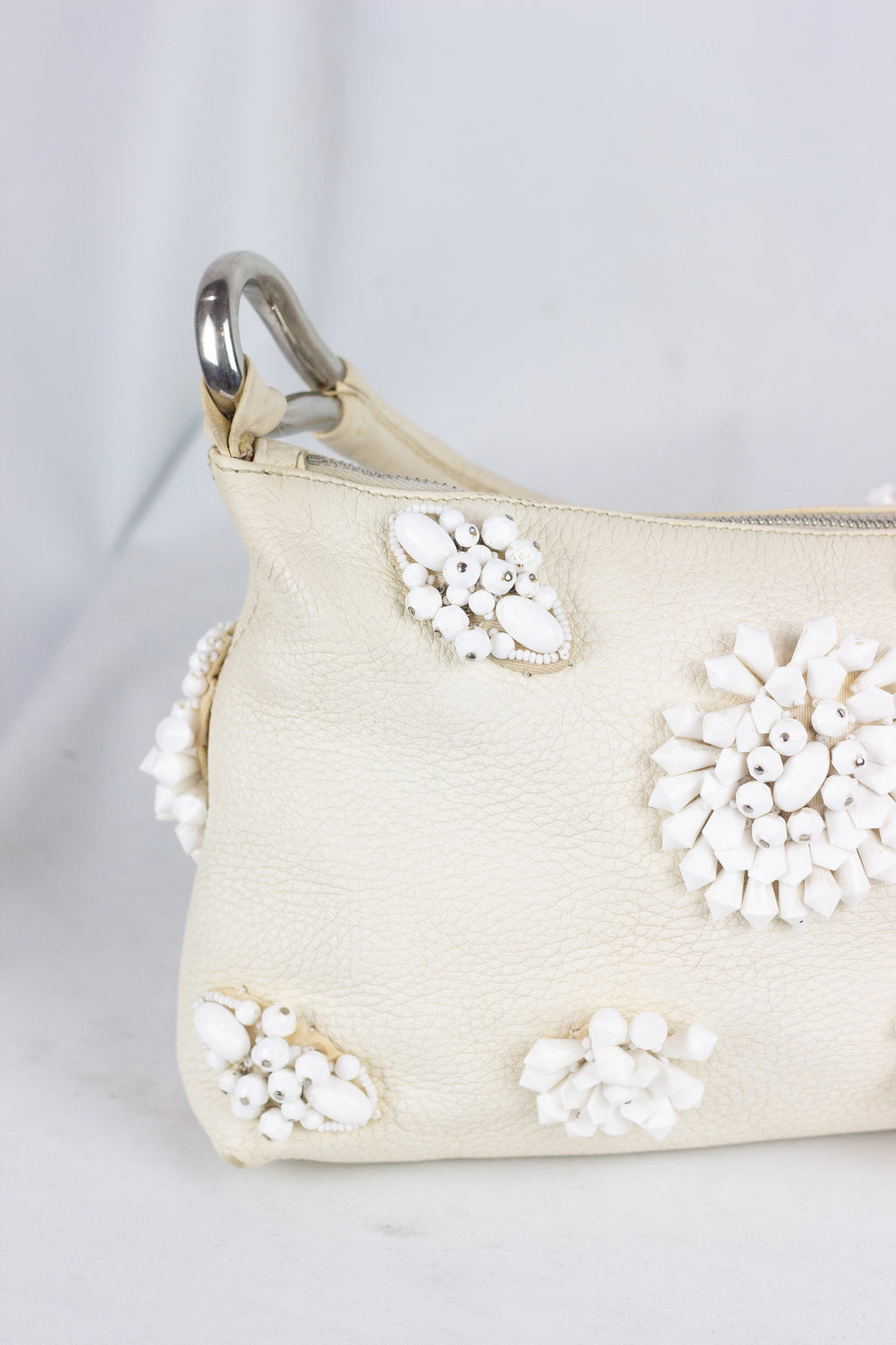 White Leather Shoulder Bag with Beaded Embellishment SS2003