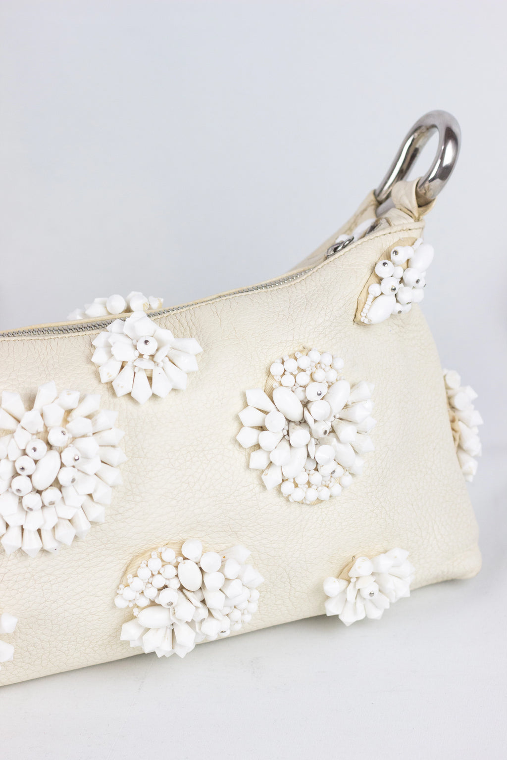 White Leather Shoulder Bag with Beaded Embellishment SS2003