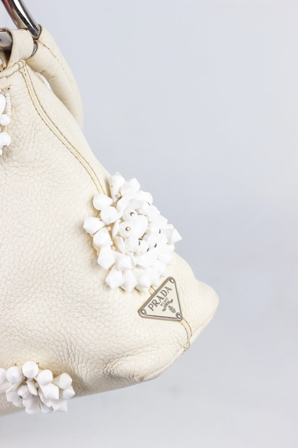 White Leather Shoulder Bag with Beaded Embellishment SS2003