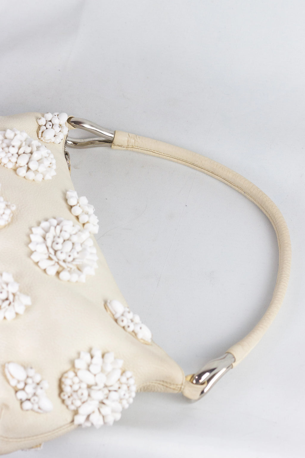 White Leather Shoulder Bag with Beaded Embellishment SS2003