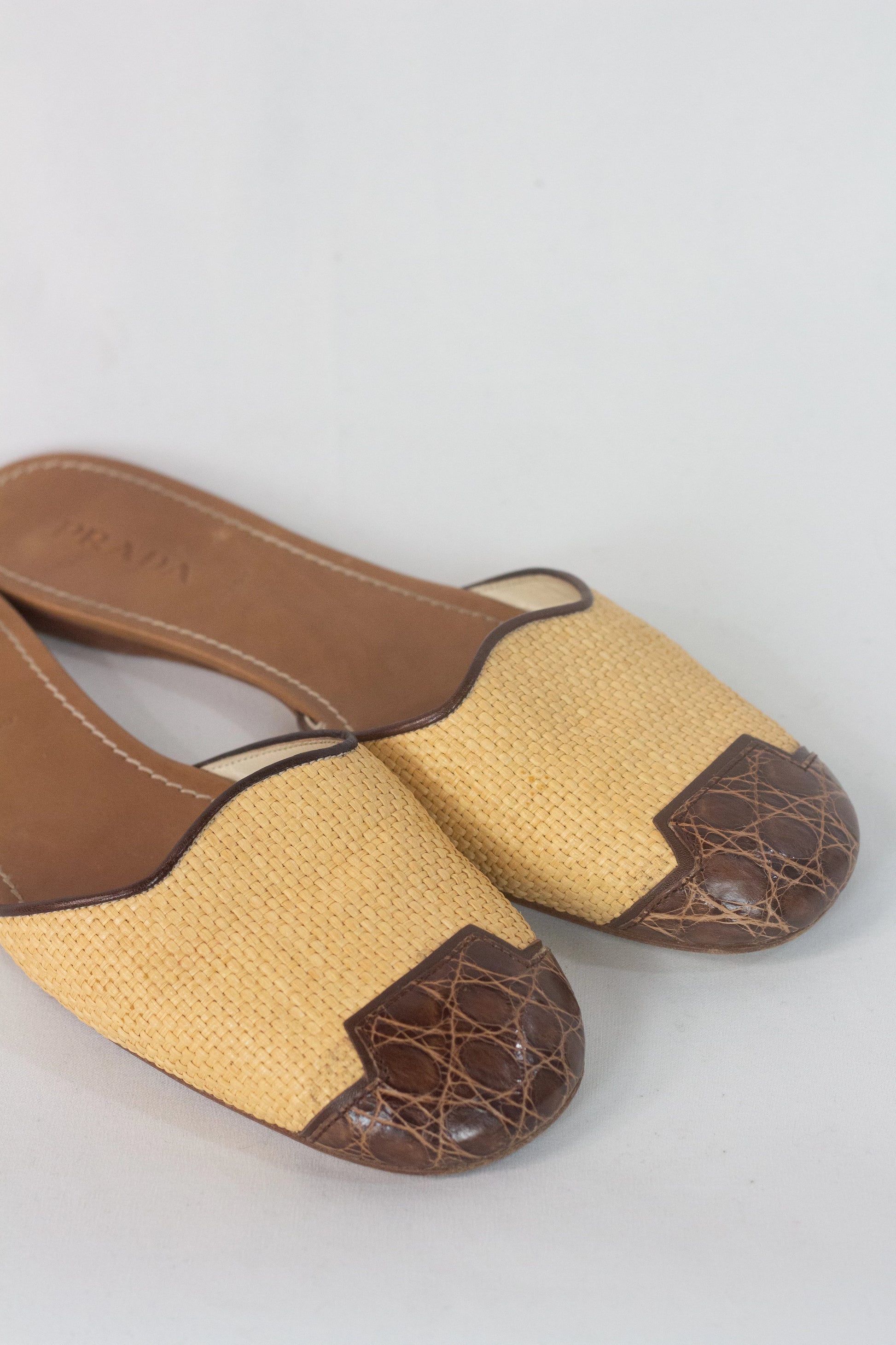 Raffia & Croc-Embossed Leather Flat Slippers