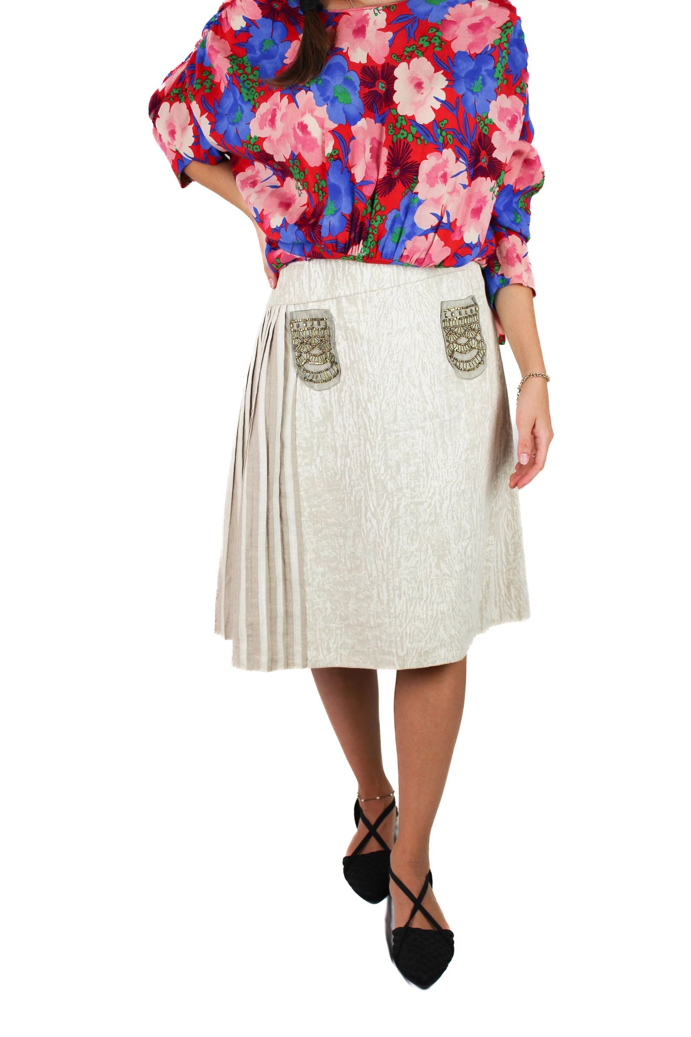 Linen Skirt with Asymmetric Pleats and Beaded Details SS2006